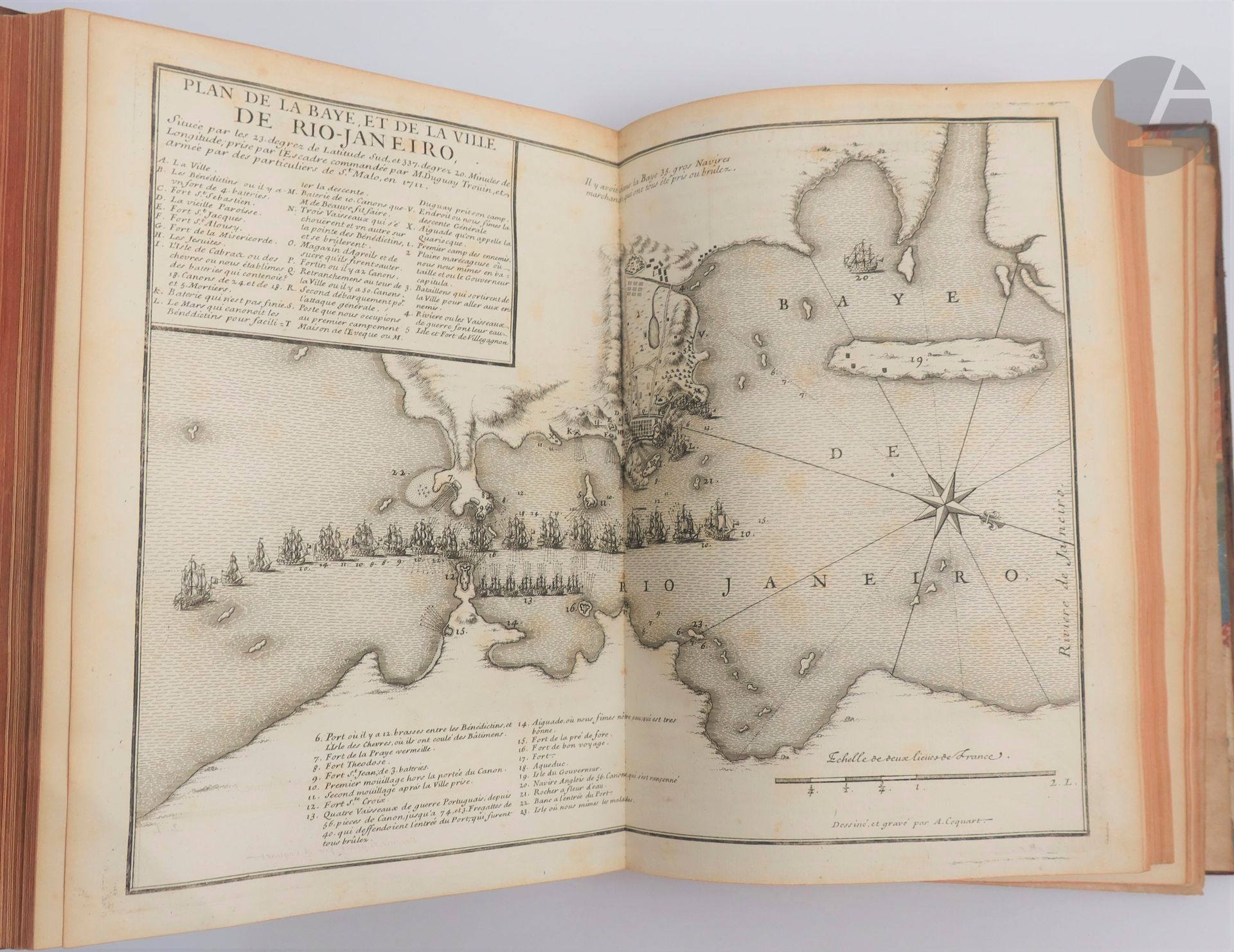 DUGUAY-TROUIN (René).
Mémoires de Monsieur du Guay-Trouin, lieutenant général des armées navales de France, et commandeur de l’Ordre Royal & Militaire de Saint-Louis.
S.l., 1740. — In-4, veau havane marbré, roulette dorée en encadrement sur les plats, dos à nerfs orné, tranches rouges (plats modernes, dos ancien rapporté). 

Édition définitive, posthume, la meilleure de ces Mémoires que René Duguay-Trouin rédigea pendant ses voyages, continués par son beau-frère Pierre Jazier de La Garde, et publiés par Godard de Beauchamps, ami du célèbre corsaire. Ils avaient déjà été publiés à Amsterdam en 1730 par Villepontoux, et en 1732 et 1734, par Mortier, mais sans l’accord de l’auteur.

L’édition est ornée d’un portrait par Larmessin, d’une vignette sur le titre et en bandeau, d’une lettrine, d’un plan dépliant de la baie et de la ville de Rio de Janeiro, dessiné et gravé par Coquart, et de 5 planches gravées en taille-douce par Lebas, dont 4 dépliantes.

Reliure restaurée, les plats sont modernes à l'imitation et le dos d'origine a été rapporté. Quelques rousseurs et feuillets brunis.