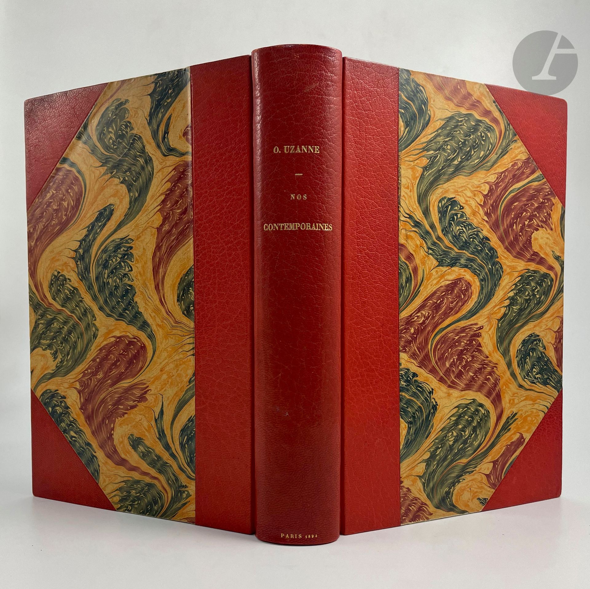UZANNE (Octave).
Women in Paris. Nos contemporaines. Notes successives sur Les Parisiennes de ce Temps dans leurs divers Milieux, États et Conditions.
Paris: Ancienne maison Quantin, 1894. - Large in-8, bradel orange half-maroquin with corners, smooth spine, gilt head, untrimmed, cover and spine preserved (S. David).

First edition in a small number and first printing of Pierre Vidal's illustration, comprising over 300 vignettes in the text, some watercolored, and 20 copper-engraved hors-texte in color. Attractive cover entirely illustrated in the art nouveau style by Léon Rudnicki.

ONE OF 110 EXEMPLIES ON JAPANESE PAPER, enriched with a suite in black before the letter and with remarks of the hors-texts on japon, except for the frontispiece which has no remarks.

A very fine copy bound by David.