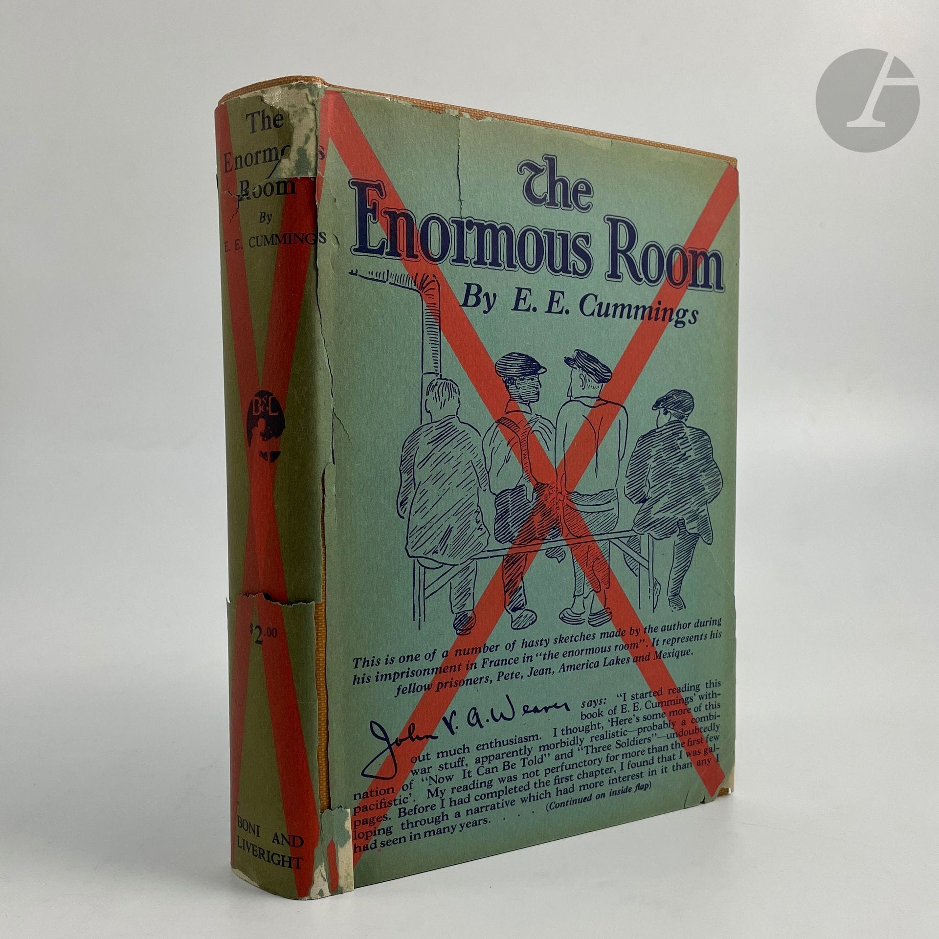 CUMMINGS (Edward Estlin).
The Enormous room.
New York: Boni and Liveright, [1922]. - In-8, publisher's tan cloth boards, in illustrated dust jacket and modern blue morocco flat-back slipcase.

First edition of this autobiographical novel by American poet and novelist Edward Estlin Cummings. In it, he recounts his imprisonment in France during the First World War.

This copy bears the author's autograph signature on the first white endpaper. It is a good first issue, with the word "shit" on the last line of page 219 uncovered.

The dust jacket is badly torn and missing. Trace of a detached bookplate under the signature.