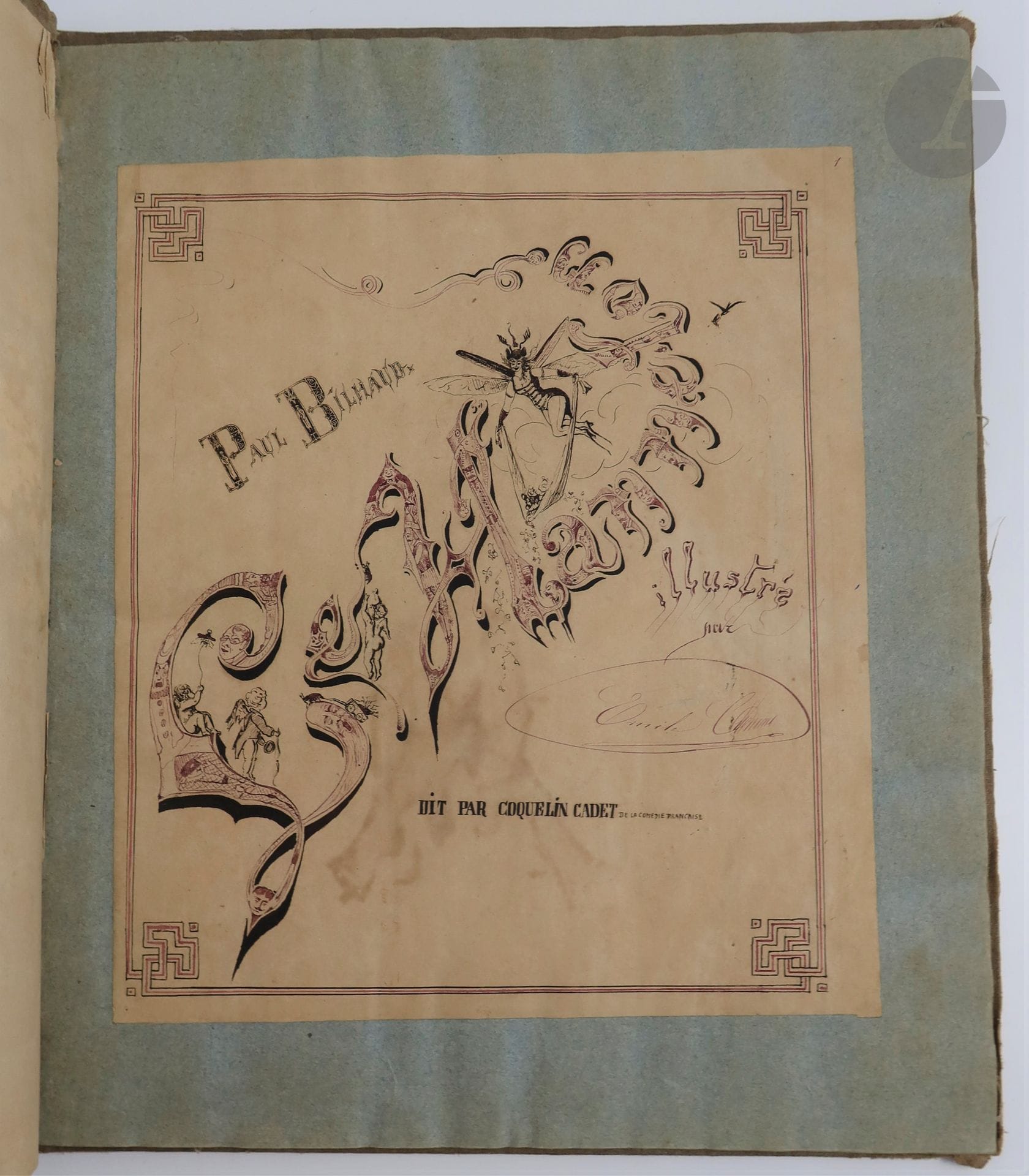 BILHAUD (Paul).
Le Hanneton illustré.
S.l., vers 1890. — Manuscrit in-folio, cartonnage toile peinte sur le premier plat, dos lisse (reliure de l'époque).

Très beau manuscrit parfaitement calligraphié du monologue « Le Hanneton » de Paul Bilhaud qui avait été dit à l'époque par le comédien Coquelin cadet de la Comédie-Française et publié pour la première fois en 1879.

Il se compose de 17 pages collées sur papier bleu. Le texte est écrit en rouge et accompagné de nombreux dessins originaux et humoristiques, dont certains collés, à l'encre noire et rouge, d'Émile Clément qui a également composé une œuvre à la gouache sur le premier plat.

Les pages sont numérotées et passent de 14 à 16. Il s'agit certainement d'une erreur car le texte est bien complet.
Cartonnage très abîmé, fusé sur les bords et présentant des manques importants au dos. Taches et quelques griffures sur les plats, touchant la gouache.