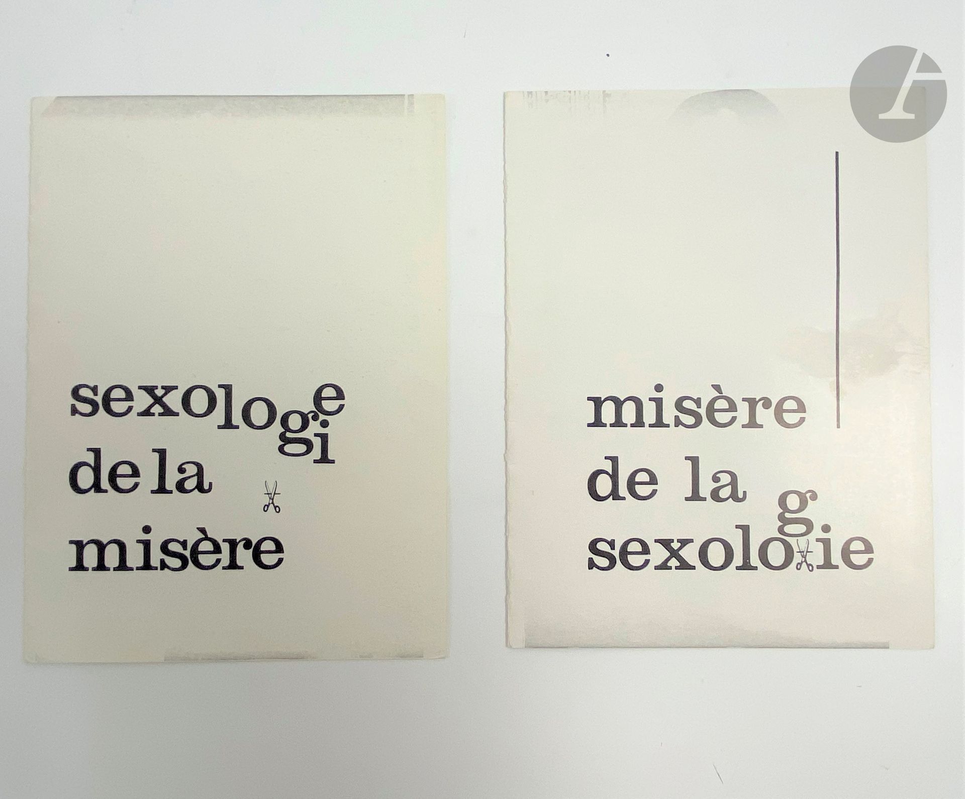 [SITUATIONIST TRACTS].
Misère de la sexologie - Sexology of Misery.
S.l., [circa 1967]. - 2 two-sheet leaflets, 198 x 150 mm.

Rare set of two clandestine leaflets published by the Situationist International. Each includes a title and, in the center, two black-and-white photos taken from an erotic photo novel, on which the dialogues and captions have been hijacked.

Very well preserved copies.