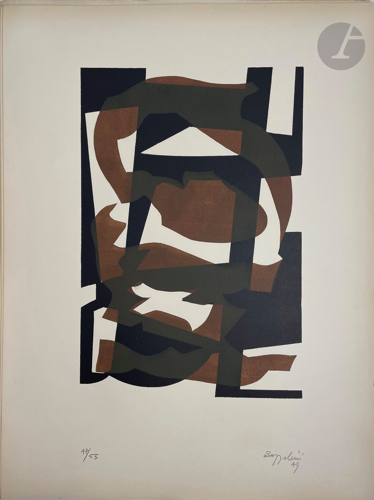 BOZZOLINI (Silvano) - DALVIT (Oskar).
[Album].
Zurich : Origo Verlag, 1949. — In-plano, en feuilles, couverture rempliée.

Album de 10 grandes gravures sur bois en couleurs, dont 5 du peintre italien Silvano BOZZOLINI (1911-1998) et 5 du peintre suisse Oskar DALVIT (1911-1975), numérotées et signées par les artistes.

Tirage limité à 75 exemplaires numérotés et signés par les auteurs à la justification. Celui-ci est l'un des 55 sur papier de Hollande.

Quelques rousseurs sur la couverture et le feuillet de justification.

On joint :
- BOZZOLINI (Silvano) - HOENRAET (Luc) - LAKS (Victor). Alizarine. Paris, [1985]. — In-4, en feuilles, sous portefeuille bordeaux à lacets d'éditeur.
Album présenté par Louis Dolmann, contenant 12 estampes soit 4 sylographies en trois couleurs du peintre italien Silvano BOZZOLINI, 4 lithographies en trois couleurs de l'artiste belge Luc HOENRAET (né en 1941), et 4 eaux-fortes en deux couleurs du peintre français, proche de Soulages, Victor LAKS (1924-2011).

Tirage à 80 exemplaires numérotés et signés par les artistes à la justification. Celui-ci fait partie des 60 numérotés en chiffres arabe. Chaque épreuve est numérotée et signée par l'artiste correspondant.

Rousseurs éparses sur les feuillets de texte et les feuillets blancs, mais ne touchant pas les planches.