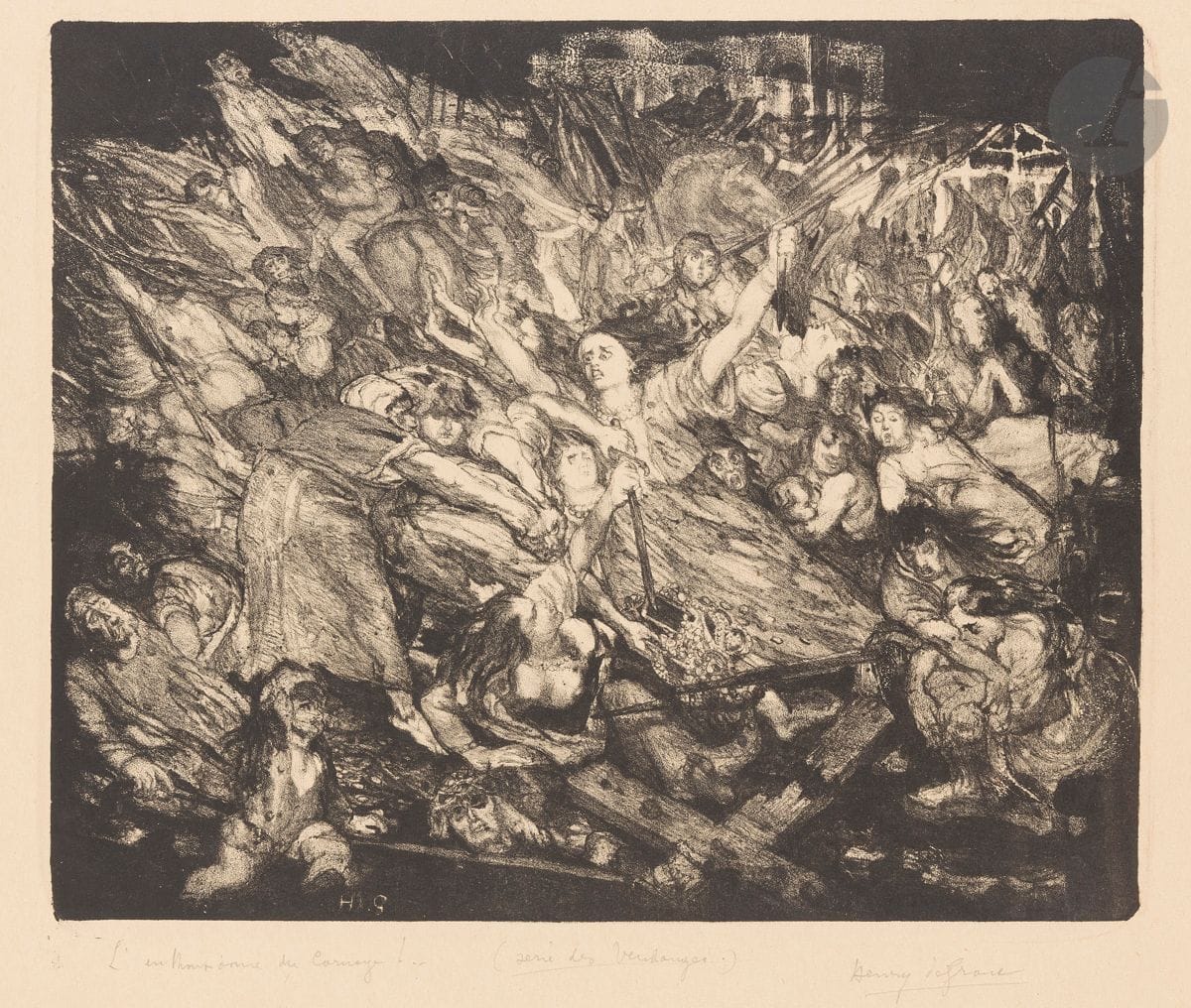 Henry de Groux (1866-1930) 
L'Enthousiasme du carnage! (Les Vendanges series, inspired by L. Bloy's work). Circa 1894. Lithograph. 305 x 250. Very fine proof on ivory wove paper, titled and signed in pencil. The indentation of the stone is very visible. Full margins. Stamp R. T.
