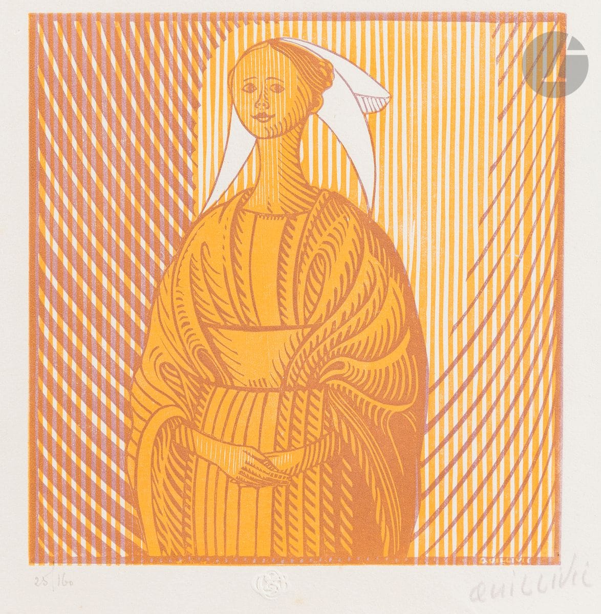 René Quillivic (1879-1969) 
La Fiancée du pêcheur d’Islande. 1927. Bois gravé. 163 x 172. Impression en couleurs. Très belle épreuve sur vélin blanc, numérotée et signée au crayon. Petite épidermure au verso. Toutes marges. Tirage à 160 épreuves. Timbre sec : Société de la Gravure sur Bois Originale (Lugt 1140a). Timbre R. T.