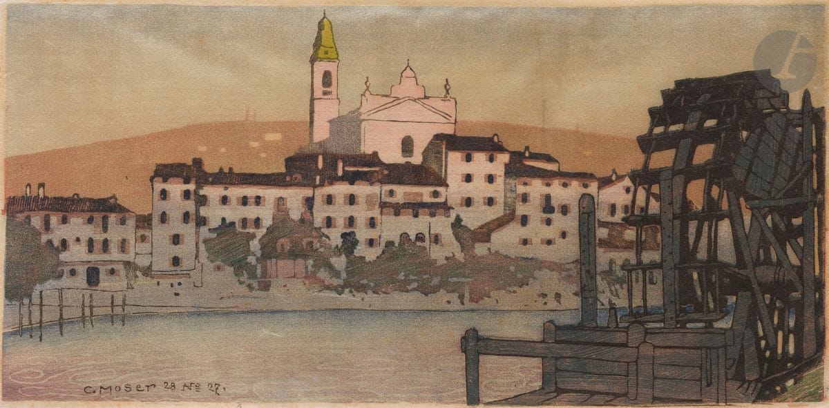 Carl Moser (autrichien, 1873-1939) 
Moulin sur l’Adige à Parona. 1928. Bois gravé. 515 x 247. Impression en couleurs. Très belle épreuve sur japon pelure, signée, datée et numérotée à la plume et à l’encre noire dans le sujet. Quelques rousseurs claires. Une auréole d’humidité dans la marge supérieure à gauche. Petites marges normales. Timbre R. T.

Cette épreuve a figuré dans l’exposition Henri Rivière, Le Faouët, 1995.