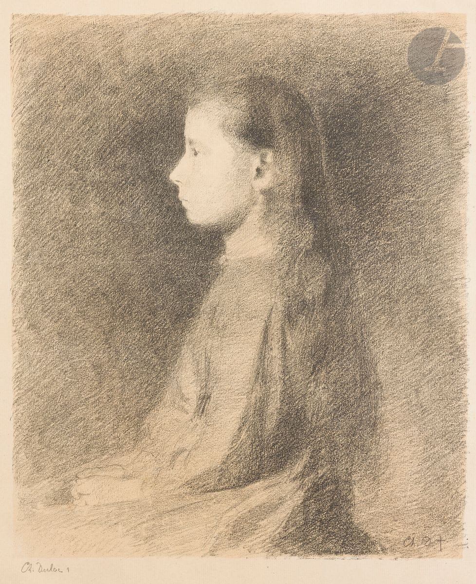 Charles Marie Dulac (1865-1898) 
Jeune fille assise de profil à gauche. Vers 1895. Lithographie. 195 x 245. Très belle épreuve sur vergé, signée et numérotée « 1 » au crayon. Très courtes déchirures en pied. Toutes marges. Timbre R. T.