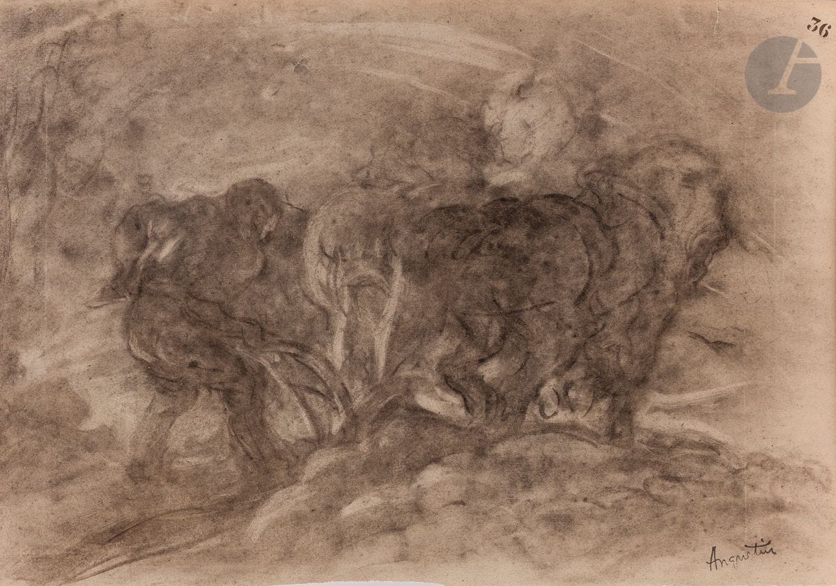 Louis Anquetin (1861-1932) 
The Plough. Drawing. Charcoal on ivory wove paper. [400 x 275]. Stamped (Lugt 3815). Number "36" to compositor in upper right corner of sheet. Left edge torn. Stamp R. T.