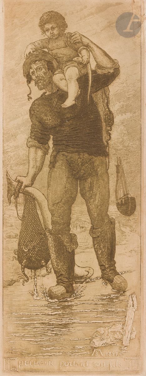 Arthur Henri Lefort des Ylouses (1846-1912) 
Le Pêcheur portant son fils. 1897. Eau-forte en relief. [152 x 385]. Impression en bistre. Très belle épreuve sur vélin crème. Petite tache brune dans l’angle supérieur droit. Marges étroites. Timbre R. T.