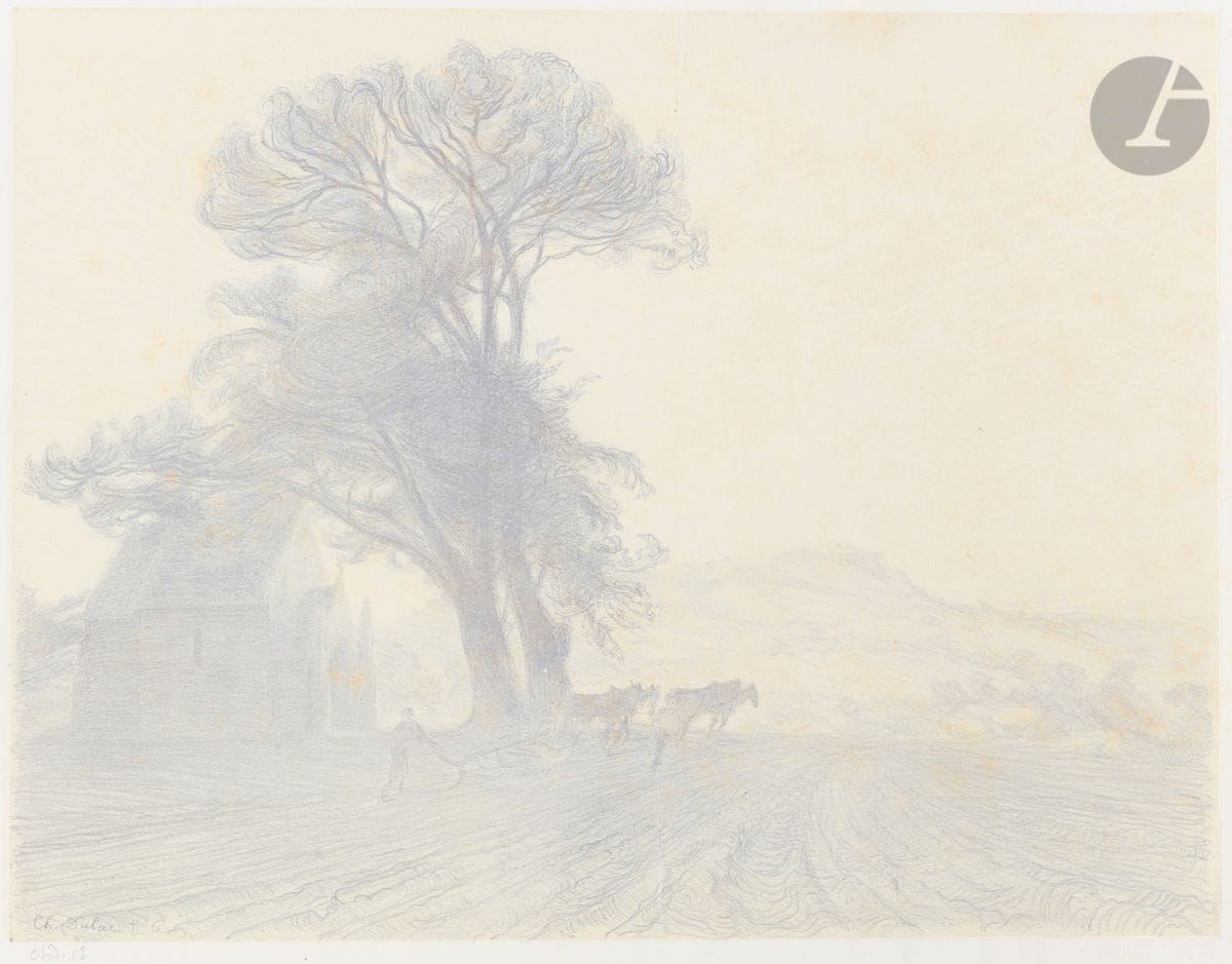Charles Marie Dulac (1865-1898) 
La Terre (Jesu, via et vita nostra, Jesu, thesaurus fidelium), ou La Chapelle de Ménerville. (Pl. VI de l’album Le Cantique des Créatures). 1894. Lithographie. 505 x 382. I.F.F. 2. Impression en couleurs (variante par rapport à l’édition, ici en gris bleuté et non en brun). Très belle épreuve sur chine appliqué sur vélin blanc, signée des initiales et numérotée « 12 ». En pied à gauche, 4 lignes manuscrites au crayon tirées du Cantique des Créatures. Quelques rousseurs claires. Toutes marges. Timbre R. T.