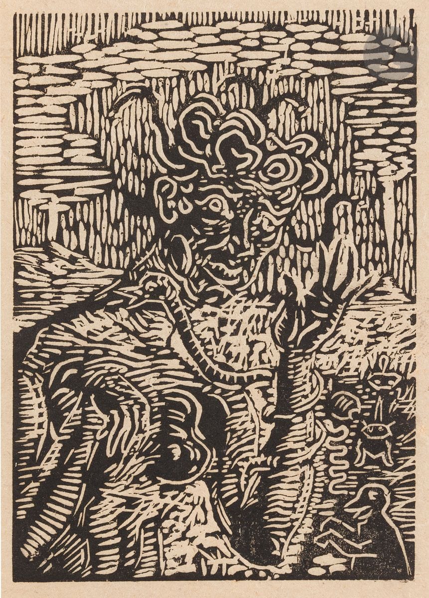 Désiré Fortoul (1862-1925) 
Figure. Vers 1897. Bois gravé. 90 x 130. Très belle et rare épreuve d’essai sur vélin chamois mince, antérieure au tirage pour l’Almanach Georges Bans. Friselis normaux dans les belles marges. Timbre R. T.