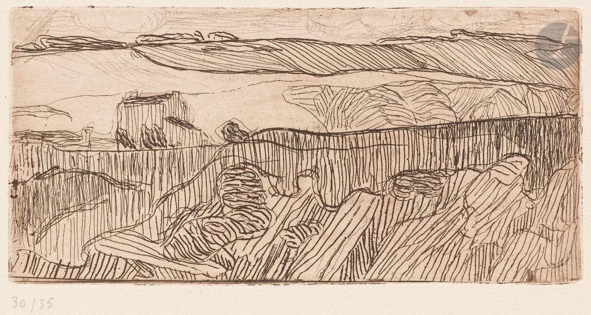 Armand Seguin (1869-1903) 
Paysages ; Bretonnes. 1893-1895. Eau-forte. Formats divers. Field, Strauss et Wagstaff 19 (2 épr.), 24, 25, 28 (3 épr.), 34 (3 épr.), 35 (2 épr.), 44, 45 (2 épr.), 48, 49 (2 épr.), 50 (3 épr.), 52 (3 épr.), 54 (2 épr.), 55 (3 épr.), 56, 57 (2 épr.), 60 (2 épr.), 63 (3 épr.), 82. Très belles épreuves tirées en brun bistré sur vélin fort ivoire, numérotées au crayon (sauf une), du retirage à 35 épreuves effectué pour M. Malingue vers 1960. Rousseurs claires éparses. Traces occasionnelles de léger empoussiérage. Toutes marges. Timbre A. S. vert pâle dans l’angle inférieur droit (apposé à titre posthume, sauf sur une pl.). Au verso, timbre de la vente Boutaric / Sérusier (Ader-Picard-Tajan) des 19 et 20 juin 1984 à 14 pl. Ens. 39 p.