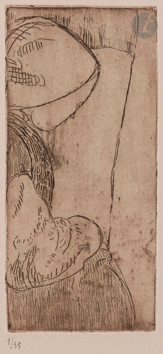 Armand Seguin (1869-1903) 
Femme assise de profil. 1893-1894. Eau-forte. 82 x 180. Field, Strauss et Wagstaff 54. Parfaite épreuve tirée en brun bistré sur vélin fort ivoire, numérotée au crayon, du retirage à 35 épreuves effectué pour M. Malingue vers 1960. Timbre A. S. vert pâle dans l’angle inférieur droit (apposé à titre posthume). Toutes marges. Au verso, timbre de la vente Boutaric / Sérusier (Ader-Picard-Tajan) des 19 et 20 juin 1984. Timbre R. T.