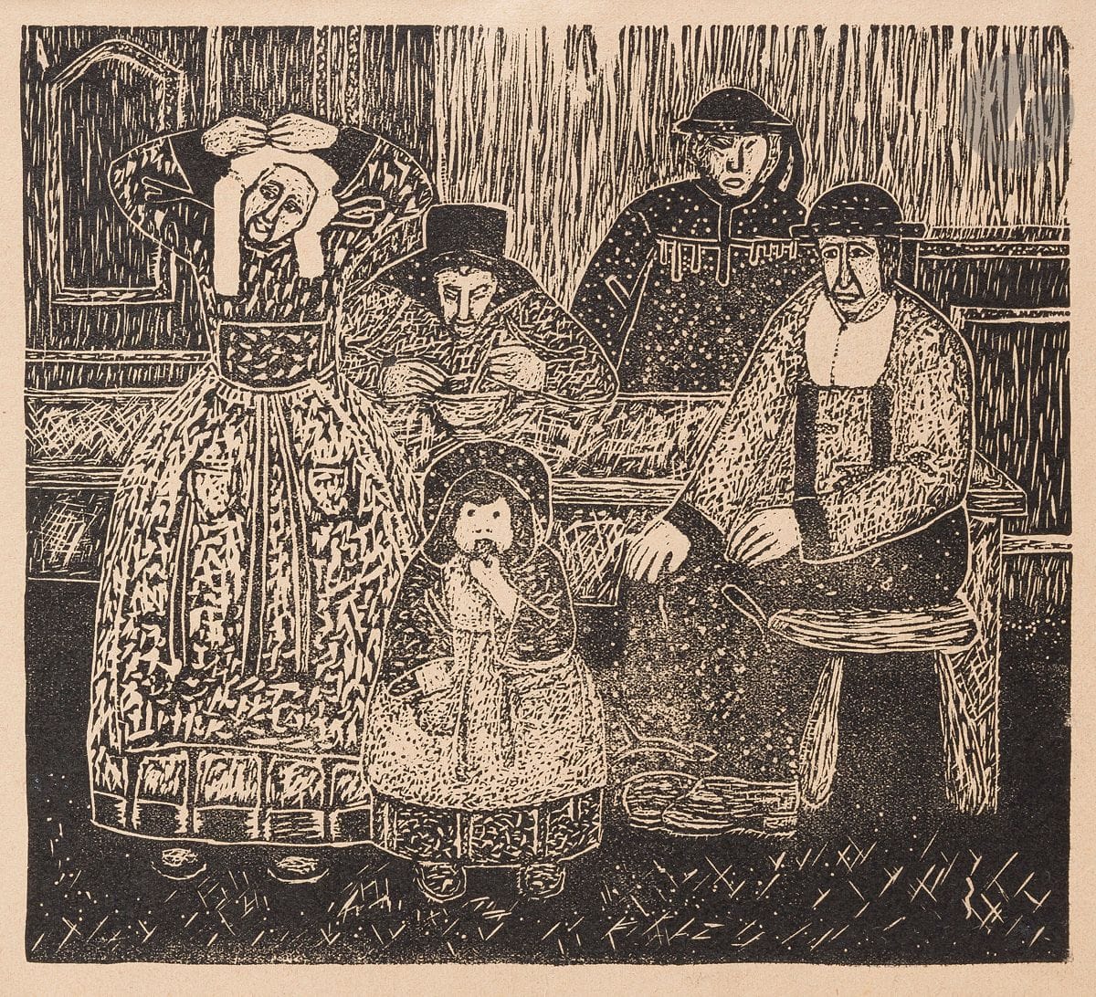 Georges Joseph Rasetti (1851-1938) 
Famille de paysans, Huelgoat. Vers 1894. Bois gravé. 232 x 210. Très belle et rare épreuve sur vélin chamois, fixée par des morceaux d’adhésif au verso (autre petit reste en pied au centre). Petit manque dans l’angle supérieur droit et autres infimes manques au bord inférieur gauche. Courtes déchirures en tête. Belles marges. Timbre R. T.

« Georges Rasetti, le père, est ce curieux artiste, ami des Nabis, qui parcourt la Bretagne. Il est à Huelgoat en 1893 où le rencontrent Verkade et Ballin. Il peint d’une pâte épaisse et inimitable des familles de paysans figés, hiératiques et somptueux dans leurs costumes brodés. Nous ne connaissons que ce bois de Rasetti. » (Cent ans d’estampes en Bretagne, Le Faouët, 1998, p. 21).
« Durant l’automne 1888, [l’artiste] rencontre Paul Gauguin, ce qui lui permet de rompre avec le réalisme et d’entrer en contact avec les futurs nabis. Durant l’été 1891, Chaudet et Rasetti prennent le chemin de la Bretagne. Ils s’installent à Huelgoat, y retrouvant Paul Sérusier, Jan Verkade et Mogens Ballin, que Rasetti initie à la peinture sur céramique. Plus tard, il installe un four de cuisson à Bois-Colombes, et travaille également avec Maurice Denis, Armand Seguin, Georges Rouault, Édouard Vuillard, leur demandant des projets d’ornementations qu’il met en forme en compagnie de son fils. Les peintures de Rasetti expriment alors un style bien particulier, ayant assimilé la théorie du synthétisme. Il expose désormais aux Salon des indépendants. » (Wikipedia). Les œuvres de Rasetti sont très rares car un grand nombre d’entre elles brûla dans l’incendie de son atelier où il trouva la mort en 1938.
Cette épreuve a figuré dans les expositions suivantes : Cent ans d’estampes en Bretagne, Le Faouët, 1998 ; Before and After Gauguin, Atlanta, 2008.