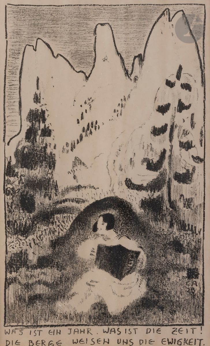 Cuno Amiet (suisse, 1868-1961) 
Was ist ein Jahr. Was ist die Zeit ! / Die Berge weisen uns die Ewigkeit. 1923. Lithographie. À vue : 200 x 325. Belle épreuve sur vélin ivoire. Marges. Cadre.