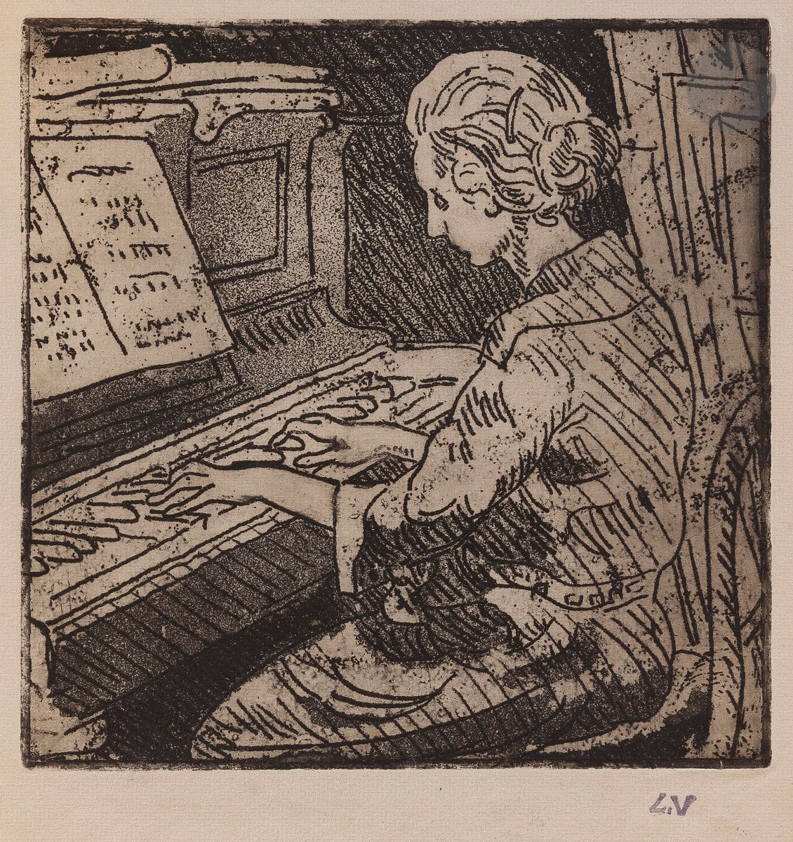 Louis Valtat (1869-1952) 
Woman at the piano. Etching and aquatint. 196 x 196. Very fine proof on ivory laid paper. Full margins. Workshop stamp (Lugt 1771 bis). Stamp R. T.