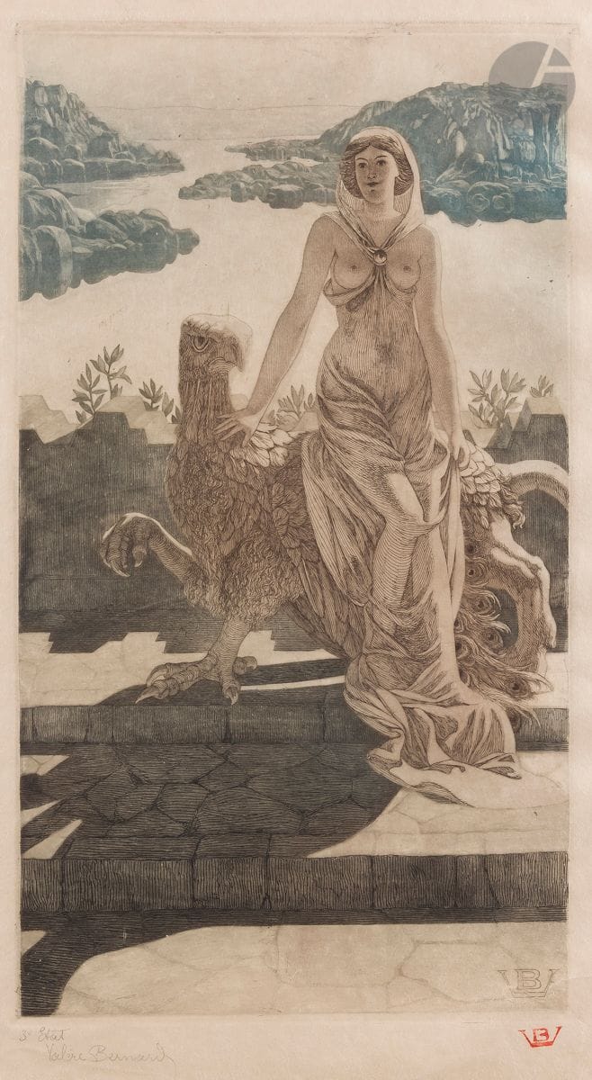 Valère Bernard (1860-1936) 
La Femme au griffon ou La Chimère. 1896. Eau-forte et aquatinte. 220 x 395. Impression en couleurs. Très belle épreuve sur japon, annotée « 3e Etat » et signée au crayon puis revêtue du timbre de l’artiste (Lugt non décrit). Quelques courts plis cassés marginaux. Toutes marges. Timbre R. T.