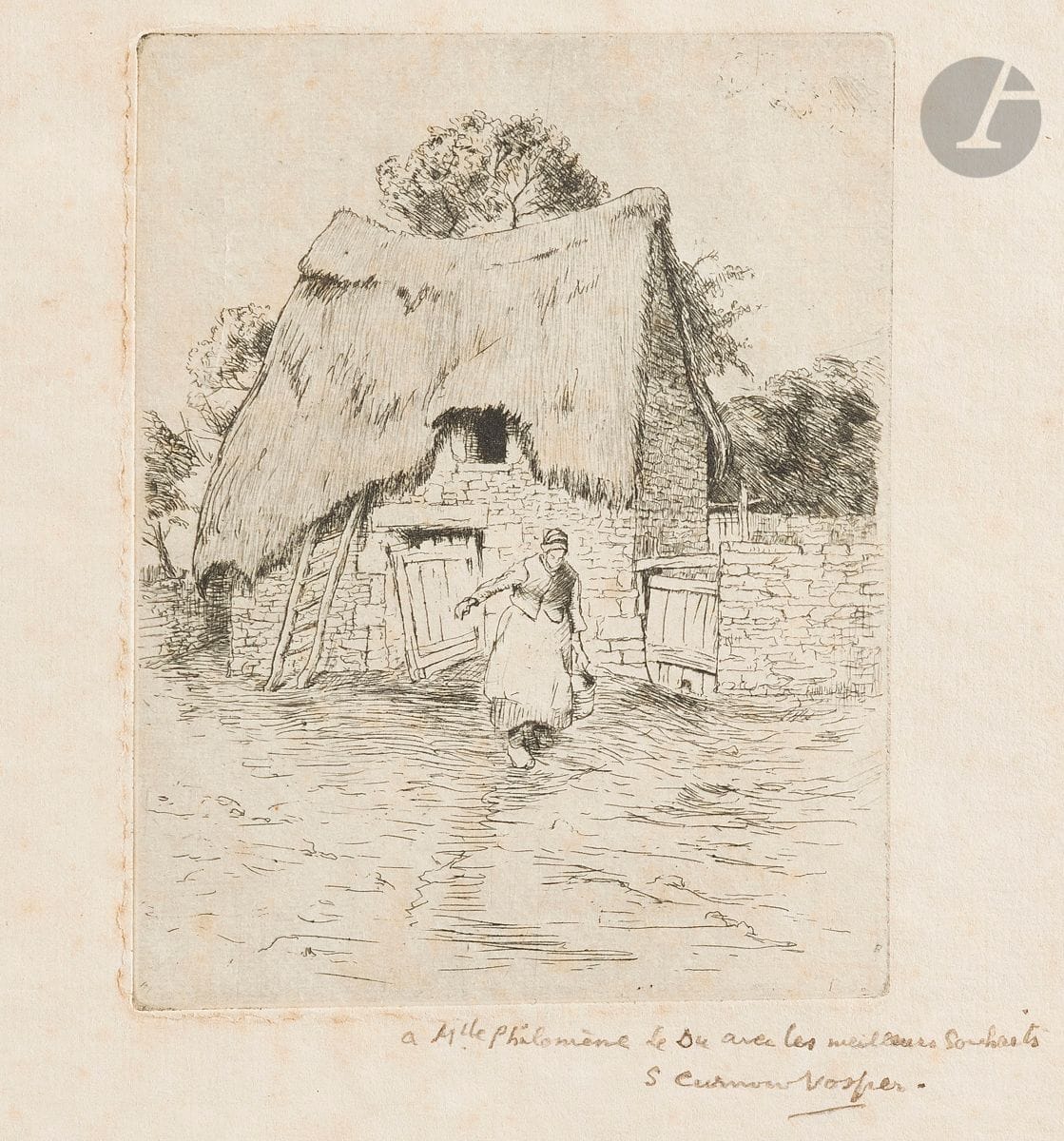 Sydney Curnow Vosper (English, 1866-1942) 
Woman carrying a bucket in front of a thatched cottage. Circa 1910. Etching. 86 x 111. Fine impression on laid paper, dedicated in pen and sepia ink: "à Mlle Philomène Le Du avec les meilleurs souhaits" and signed. Scattered light foxing. Full margins. Stamp R. T. 

This print was featured in the following exhibitions: Cent ans d'estampes en Bretagne, Le Faouët, 1998; Before and After Gauguin, Atlanta, 2008.
Born in English Cornwall, near Plymouth, Curnow Vosper met his wife Constance James, descendant of a Welsh nobleman, in Brittany. "...the man himself was better known in Brittany, where he was one of the many artists who stayed and worked in Le Faouët [...] He also spent time in Le Pouldu, the village where Gauguin went when he left Pont-Aven, which had become too popular for his taste. In fact, Vosper spent decades in Brittany, and some of his most notable works were painted there. We know that he had learned to speak Breton [...] It is in Brittany, more than anywhere else, that we see the attentive naturalism of works that are veritable ethnological documents." (https://abp.bzh/sydney-curnow-vosper-un-artiste-peintre-cornique-qui-lia-pays-de-galles-et-bretagne-37903).