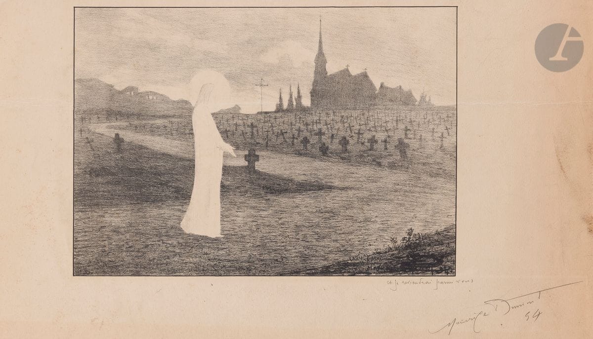 Maurice Dumont (1869-1899) 
Et je reviendrai parmi vous. 1894. Lithographie. 315 x 220. A. et A. Bonafous-Murat, Maurice Dumont et L’Épreuve, 17. Belle épreuve sur vélin fort ivoire, titrée, signée et datée au crayon. Au verso, annotation au crayon : « Tiré à 40 » signée des initiales. Pli cassé horizontal en travers du feuillet. Salissures marginales. Fortes traces de colle dans les angles au verso. Petit arrachement dans l’angle supérieur gauche. Toutes marges. Timbre R. T.
