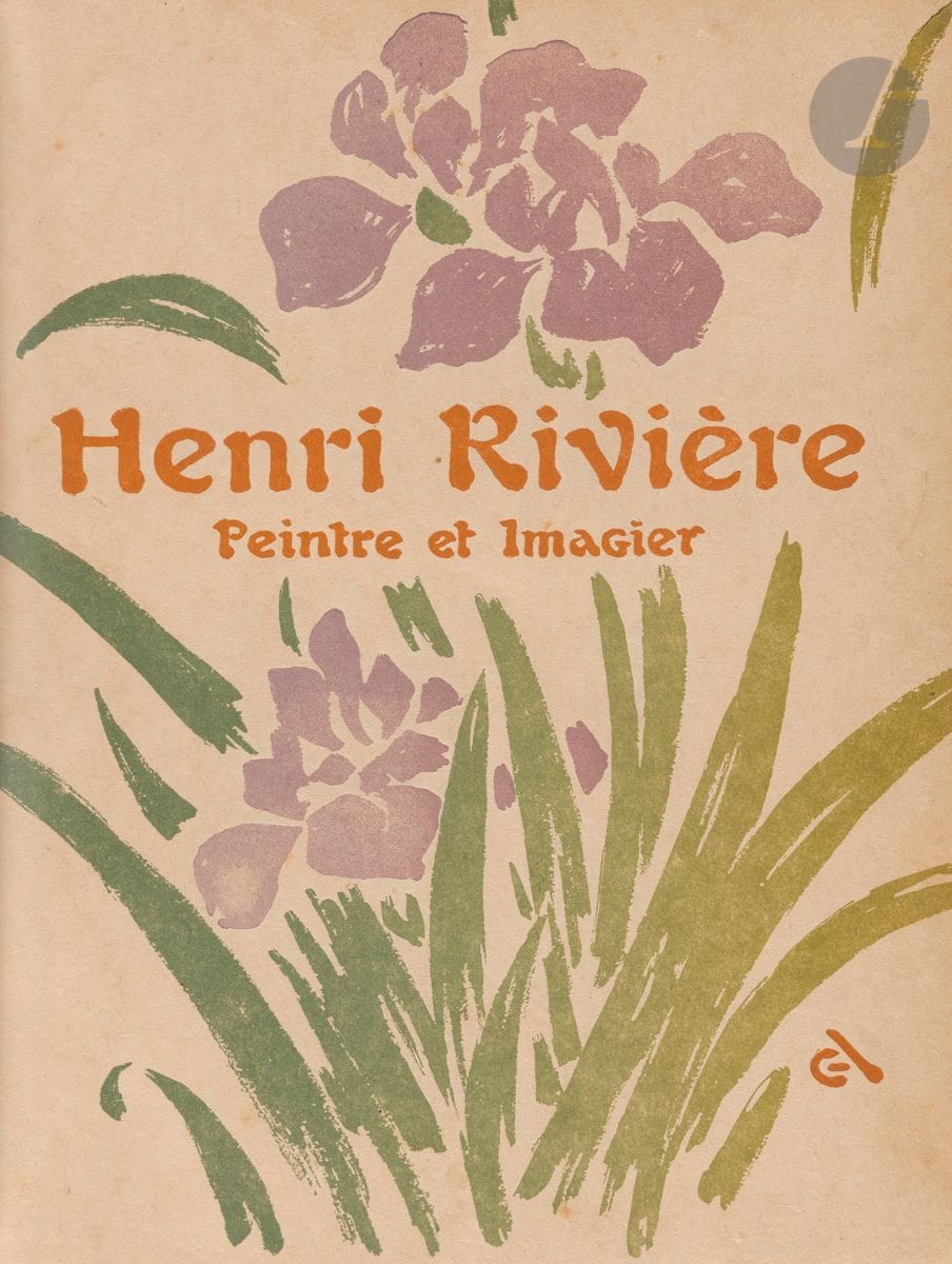 Henri Rivière (1864-1951) 
Toudouze (Georges). Henri Rivière. Peintre et Imagier. Paris, Floury, 1907. Un vol. in-4 [200 x 265], illustré de nombreuses reproductions d’œuvres de l’artiste. Lithographie de Steinlen en frontispice (portrait de Rivière). Couverture illustrée d’un bois gravé de G. Auriol. Rousseurs éparses. Demi-rel. plats papier marbré, dos à 5 nerfs, titre doré. L’un des 1000 exemplaires sur vélin glacé, numéroté. Timbre R. T.