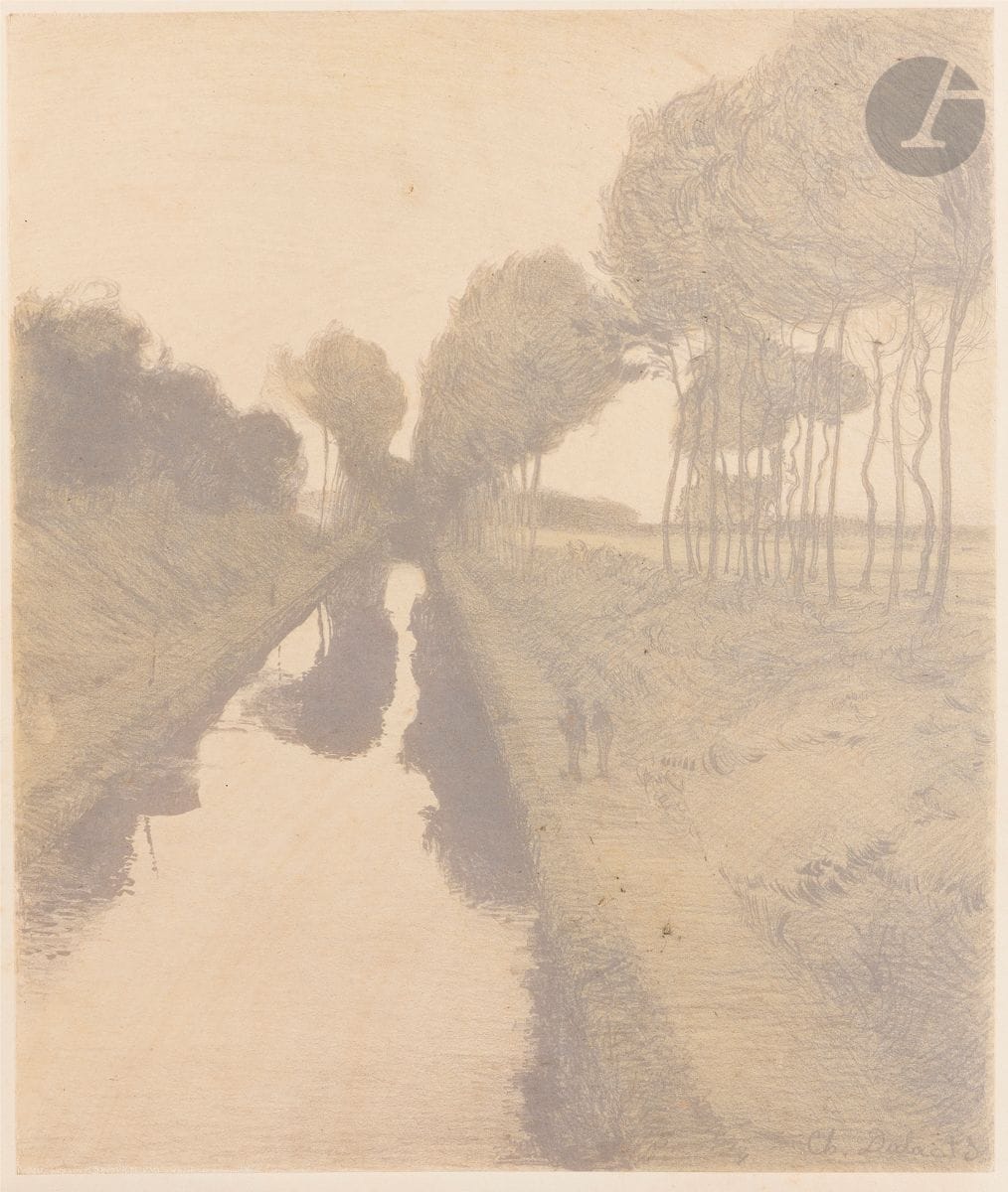 Charles Marie Dulac (1865-1898) 
Plate 3 from the Landscapes suite. 1893. Lithograph. 342 x 435. I.F.F. 1. Color print (variant from the edition, here in bluish gray instead of brown). Nice proof on chine appliqué, unsigned. Some light foxing. Full margins. Stamp R. T.