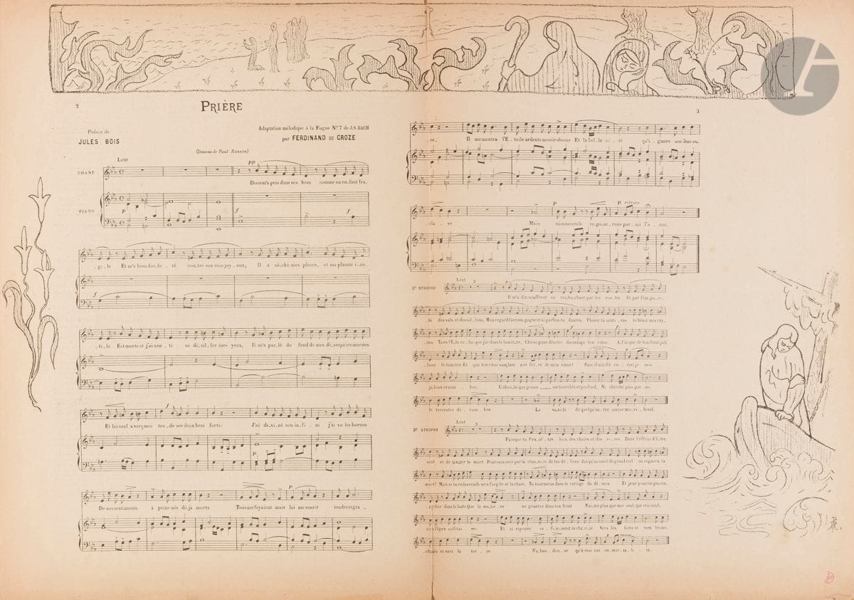 Le Cœur. Revue illustrée. Nos 1, 2, 3, 4-5, 8 (manquent les nos 6, 7, 9 et 10). Avril 1893-mars 1894. Certains numéros incomplets. Illustration de couverture d’A. de la Rochefoucauld. Illustrations intérieures par Ranson, Redon, Schuffenecker, Signac… Petits accidents occasionnels. Timbre R. T. ou C. de Woznicki (Lugt 1652a) à certains feuillets.