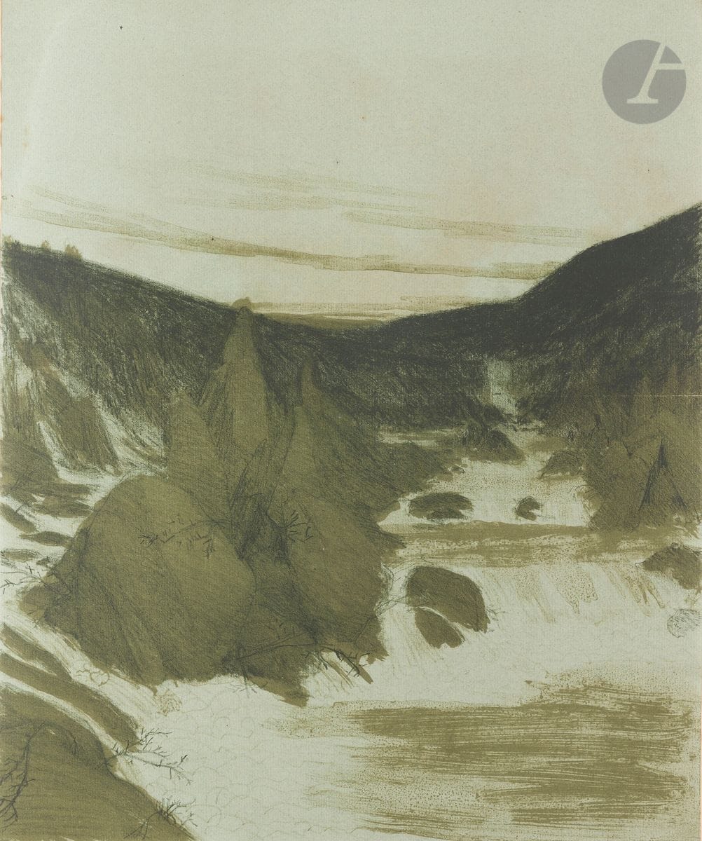 Charles Marie Dulac (1865-1898) 
Le Grand rocher (Fontaine-de-Vaucluse). (Pl. pour le Credo). 1898. Lithographie. 370 x 445. Impression en couleurs. Bonne épreuve sur vergé mince bleuté appliqué sur vélin ivoire glacé. Nombreux accidents, déchirures et manques au support, parfois anciennement consolidés au verso. Timbre R. T.