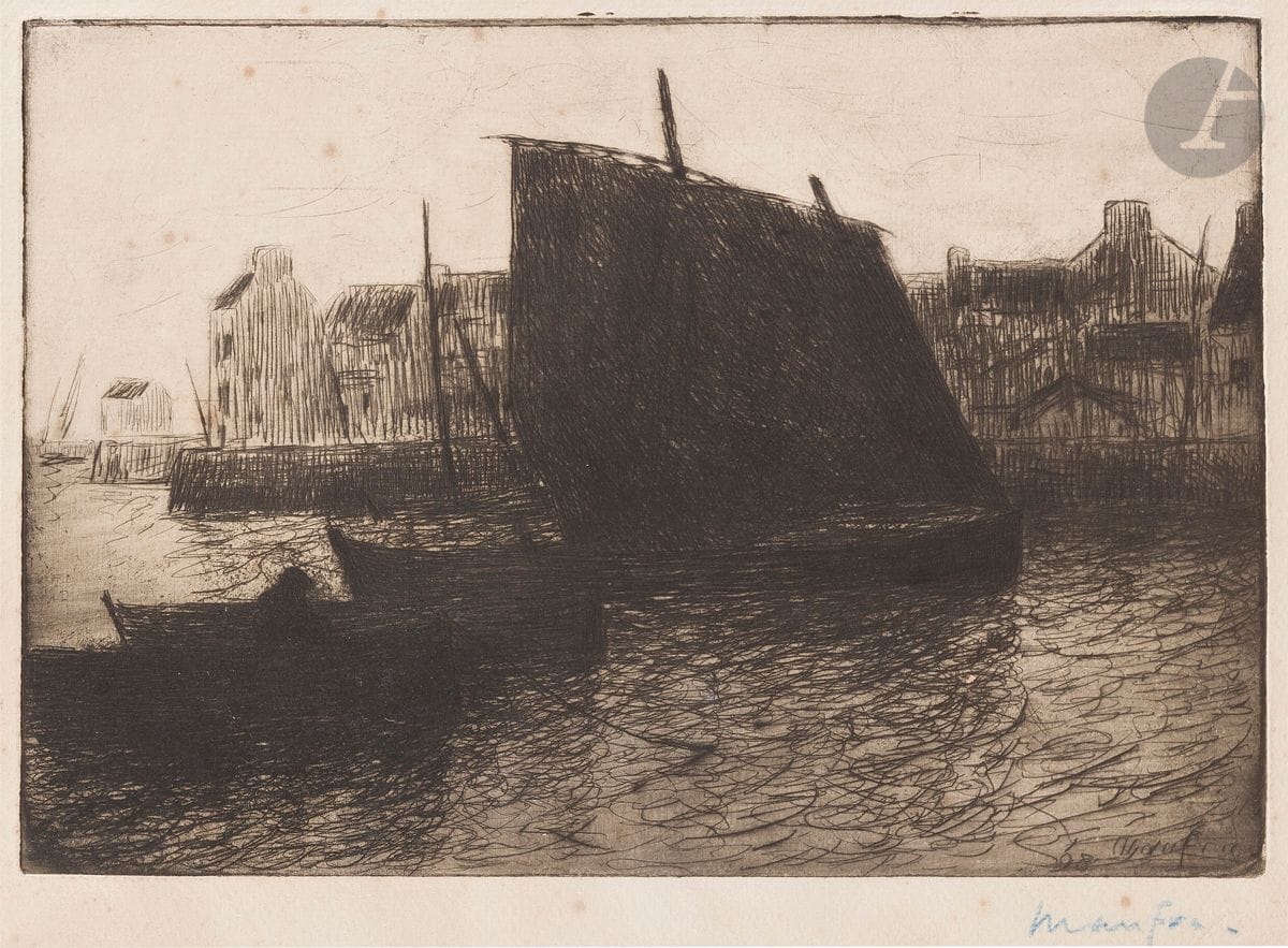 Maxime Maufra (1861-1918) 
The old basin of Concarneau harbor. 1898. Etching. 225 x 156. Morane 34. Fine proof on laid paper, signed in blue pencil. Marks of oxidation and scattered light foxing. Good margins (slightly reduced). Stamp R. T.