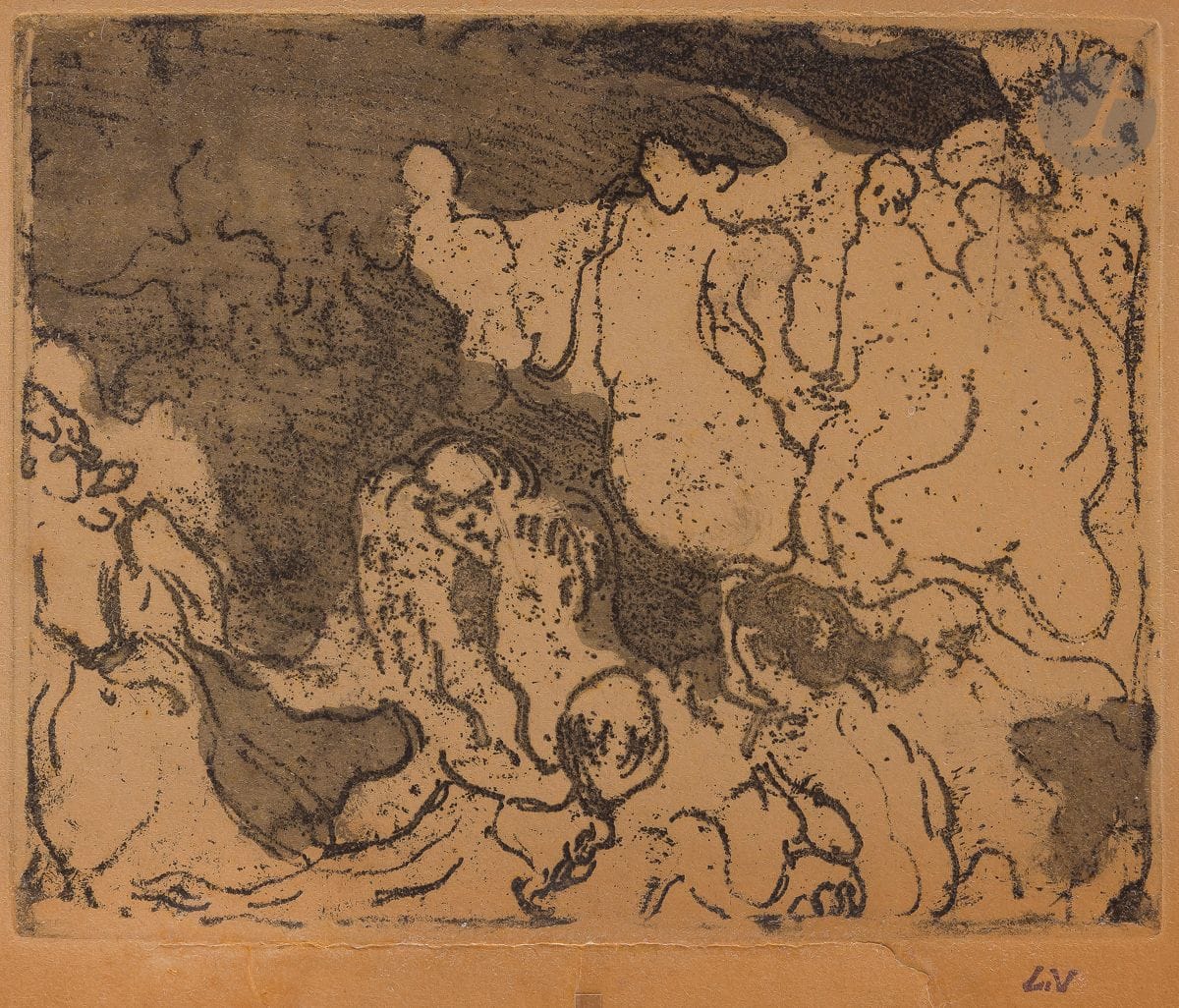 Louis Valtat (1869-1952) 
Danses, ou Nymphes et faunes. Vers 1894. Eau-forte et lavis d’acide (vraisemblablement sur zinc). 250 x 204. Belle épreuve sur vélin mince chamois, légèrement oxydée. Le coup de planche inférieur fracturé. Petit manque dans l’angle inférieur gauche. Courtes déchirures en marge inférieure. Bonnes marges (réduites). Timbre de l’atelier (Lugt 1771 bis). Timbre R. T. sur le montage.