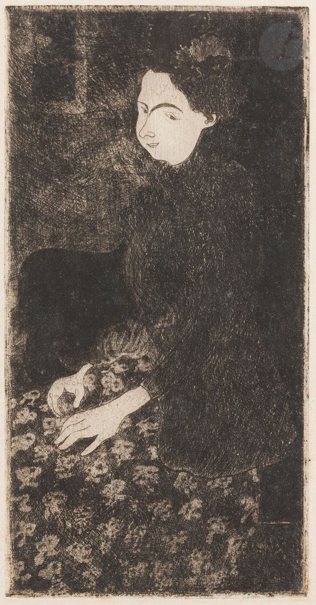 Armand Seguin (1869-1903) 
Seated woman with feathered hat. 1891-1892. Etching. 110 x 215. Field, Strauss and Wagstaff 6. Very fine proof on cream laid paper, stamped A. S. stamp. Semis of small light freckles. Small line of black ink in right margin. On verso, annotation in pencil: "Provient de la collection A. Dunoyer de Segonzac". All margins. Stamp R. T. 

This print appeared in the following exhibitions: Seguin, Pont-Aven, 1989; Henri Rivière et le japonisme, Le Faouët, 1995; Before and After Gauguin, Atlanta, 2008.
This plate was not reprinted at a later date.