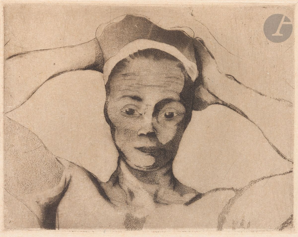 Armand Seguin (1869-1903) 
Nude, hands to head. 1894-1895. Etching and aquatint. 102 x 80. Field, Strauss and Wagstaff 76. A very fine japon proof from the subscribers' edition of L'Ymagier (no. 3, April 1895). Very light oxidation. Full margins. Stamp R. T.