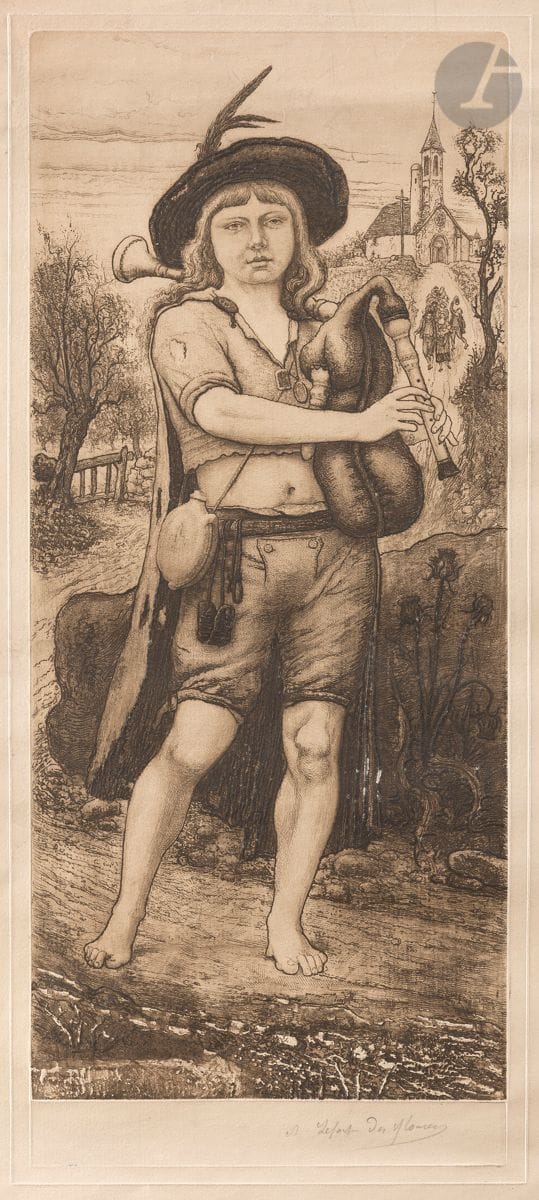 Arthur Henri Lefort des Ylouses (1846-1912) 
The Young Piper. 1902. Relief etching. Interesting grouping of 3 state proofs:

- State etching in line, some parts engraved in relief. 220 x 495. Proof on strong buff vellum, with remark and signature engraved in the tablet. Sheet oxidation and heavy foxing. Long oblique tear in left margin (restored on verso). Band of gummed kraft around verso. (In this state, a menhir is seen on a mound on the left and a peasant woman with her herd in front of a hamlet on the right). Stamp R. T. 

- State of the engraving modified, the larger part engraved in relief, the background modified (left: path and barrier, right: church and procession, bottom: thistle). 290 x 600. Fine proof on ivory laid paper, signed in pencil. Small stains and traces of soft folds. Full margins. (Note three strokes of the plate, indicative of the successive use of three different plates). Stamp R. T. 

- State with new coil work and with cartouche in the subject at lower left bearing the embossed inscription "A. Lefort des Ylouses / in. aq fti sc. 1902". 200 x 480. Printed in brown on ivory vellum, trimmed to the subject. Slight stains and small light halos of moisture in the sky. Stamp R. T. 

One of these prints appeared in the exhibition Cent ans d'estampes en Bretagne, Le Faouët, 1998 (reproduced in the catalog under no. 129).