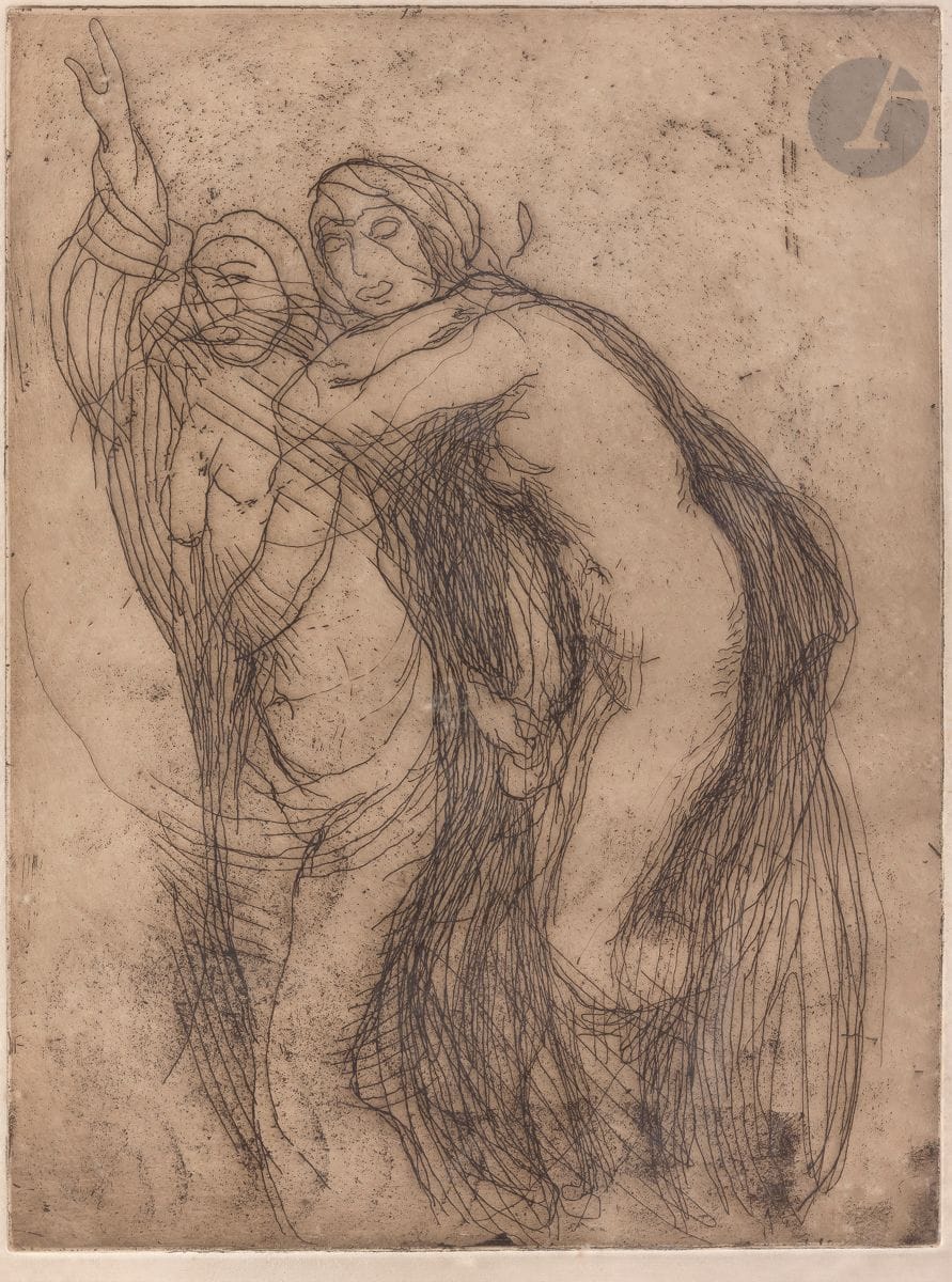 Edmond Aman-Jean (1858-1936) 
Les Nymphes. 1898. Eau-forte. À vue : 315 x 390. Très belle épreuve tirée en noir bistré sur vélin blanc. Marges. Cadre.