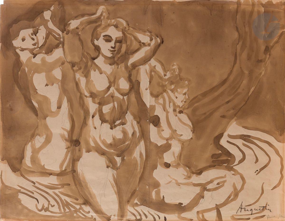 Louis Anquetin (1861-1932) 
Three Nude Women Washing in a River. Drawing. Sepia ink wash over graphite lines on thin cream vellum. [460 x 360]. Signed lower right in black stone. Vertical median fold. Small thumbtack holes or remnants of glue on verso in corners, upper left corner torn off. Stamp R. T.