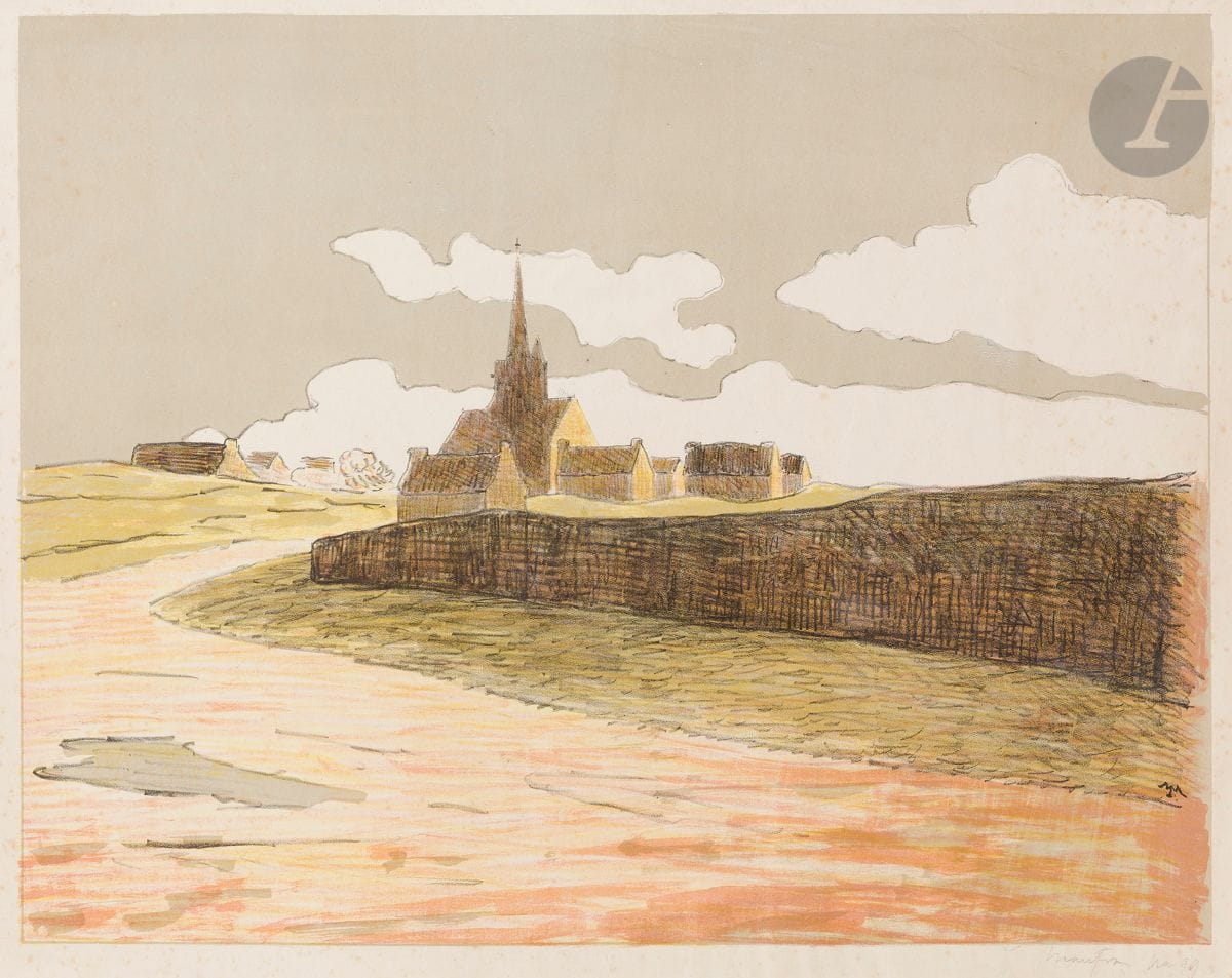 Maxime Maufra (1861-1918) 
Notre-Dame de la Clarté (Ploumanac’h). 1894. Lithographie. 487 x 377. Morane 19. Impression en couleurs. Belle épreuve sur vélin crème, signée et numérotée au crayon. Innombrables rousseurs claires. Petits accidents et accrocs aux bords du feuillet. Toutes marges. Tirage à 100 épreuves. Timbre R. T.