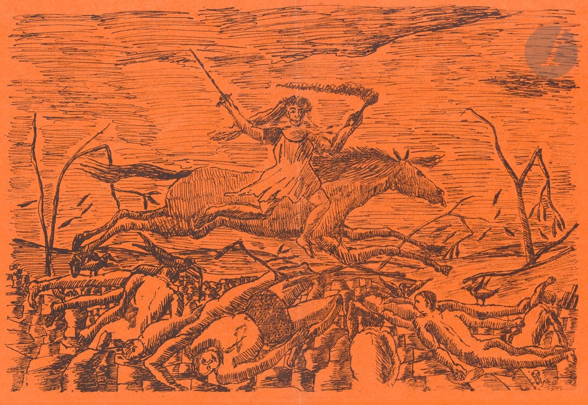 Henri Rousseau, dit Le Douanier Rousseau (1844-1910) 
La Guerre. 1895. Lithographie. [400 x 255]. Très belle épreuve sur vélin orange, avec pli vertical médian normal, du tirage pour L’Ymagier (n° 2, janvier 1895). Pli vertical à 15 mm du bord du feuillet à gauche. Toutes marges. Petites épidermures dans les angles au verso. Timbre R. T.