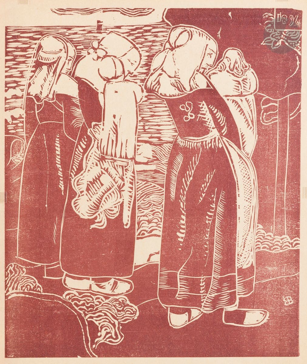 Armand Seguin (1869-1903) 
Bretonnes. 1894. Bois gravé. 185 x 225. Field, Strauss et Wagstaff 70. Très belle épreuve tirée en rouge lie-de-vin sur vélin mince ivoire. Retour d’onglet de montage au bord droit au verso. Toutes marges. Timbre R. T.

Planche parue dans L’Ymagier, n° 2, janvier 1895.
Cette épreuve a figuré dans l’exposition Masterpieces from European Artist Colonies, Atlanta, 2005.
« Il existe deux états de cette œuvre dont on a pu avancer qu’elle a peut-être été tirée sur linoléum. Au premier état, l’œuvre comporte au-dessus de l’image un poème de Charles Morice daté du 21 novembre 1894 et adressé « A Paul Gauguin ». Il disparaît au deuxième état où l’on constate la présence de lignes derrière le tronc d’arbre, d’une fente dans le feuillage en haut à droite et d’un monogramme en bas à droite tracé en tailles blanches. Ce monogramme a été lu « EB » par H. Bock et J.H. Müller, lors de l’exposition de Brême de 1967, qui ont attribué l’œuvre à Émile Bernard. Il semble tout à fait absurde qu’Émile Bernard, alors au Caire, et brouillé avec Gauguin depuis 1891, ait pu se prêter à une apologie de son rival. En revanche, on a retrouvé ce monogramme troublant sur deux œuvres d’Armand Séguin, Deux cormorans volant au-dessus des flots (Field 8) et les Pins sur la rivière (Field 12) ; Caroline Boyle-Turner estime que l’on peut penser qu’il s’agit d’un « ES », « Ergasterium Seguin », c’est-à-dire à la manière nabi, « atelier Séguin ». Les formes lourdes, les têtes rentrées dans les épaules sont extrêmement proches des croquis de Bretonnes aux champs tracés par Séguin à l’eau-forte en 1893-1894 (Field 44-64). Enfin, le numéro 2 de L’Ymagier, dans lequel paraît, en janvier 1895, le second état de cette gravure mentionne en légende : « A. Seguin Bretonnes, bois original ». […] Les Bretonnes de 1894 ne sont pas « plaquées » sur les vers de Morice mais, en une correspondance graphique, symbolisent le thème du départ sans retour vers les îles inconnues de l’Océanie, terre promise de l’innocence et du bonheur retrouvés. » (M. Grivel, dir., Gauguin et l’École de Pont-Aven, catalogue d’exposition, Paris, Bibliothèque nationale, 1989, p. 96).