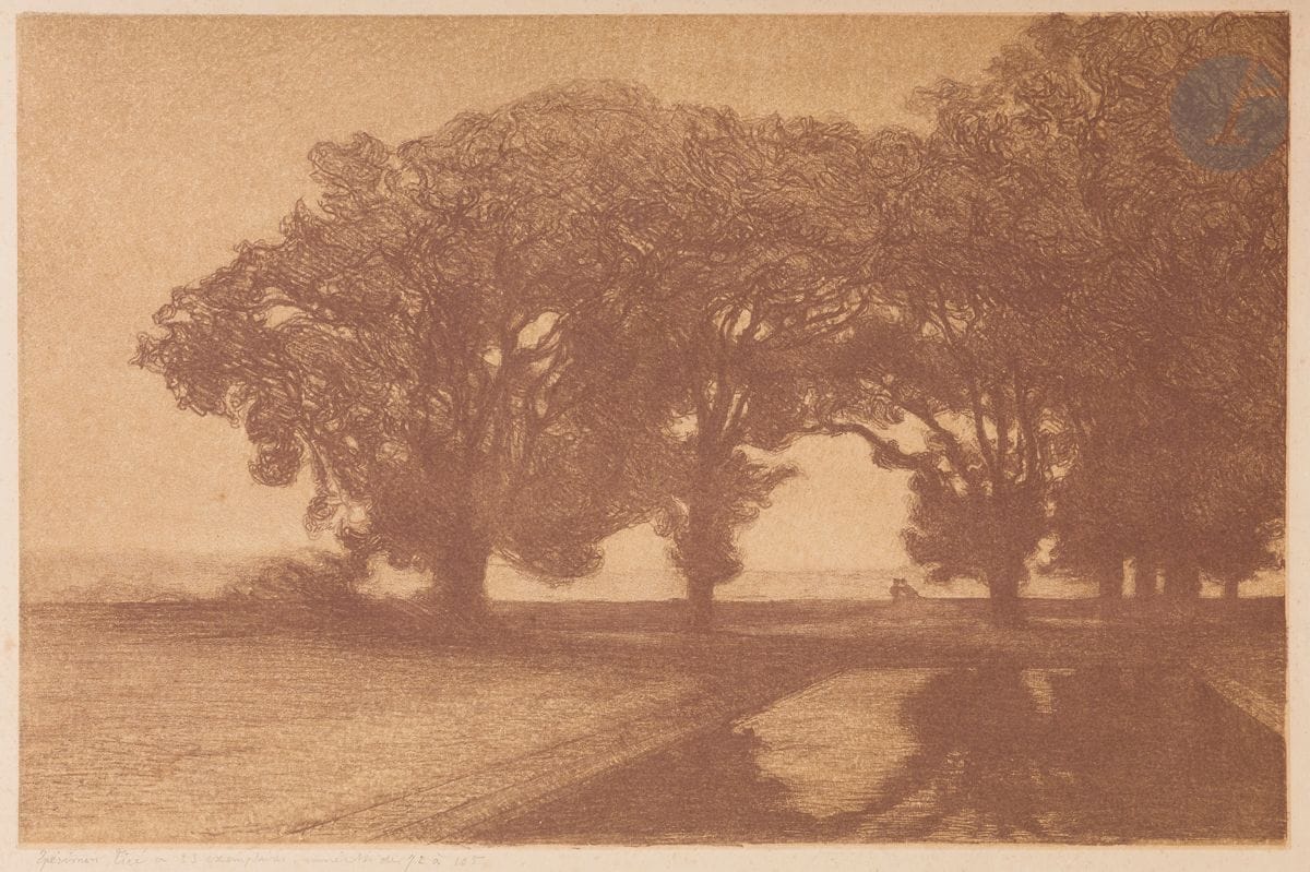 Charles Marie Dulac (1865-1898) 
Pl. 8 de la suite Paysages. 1893. Lithographie. 500 x 320. I.F.F. 1. Impression en couleurs (variante en brun). Belle épreuve sur bulle chamois appliqué, avec remarque en bistre (pensées), annotée au crayon « Spésimen [sic] tiré à 33 exemplaires, numérotés de 72 à 105 ». Trace d’oxydation à l’ouverture du passe-partout. Quelques rousseurs claires. Toutes marges. Timbre R. T.