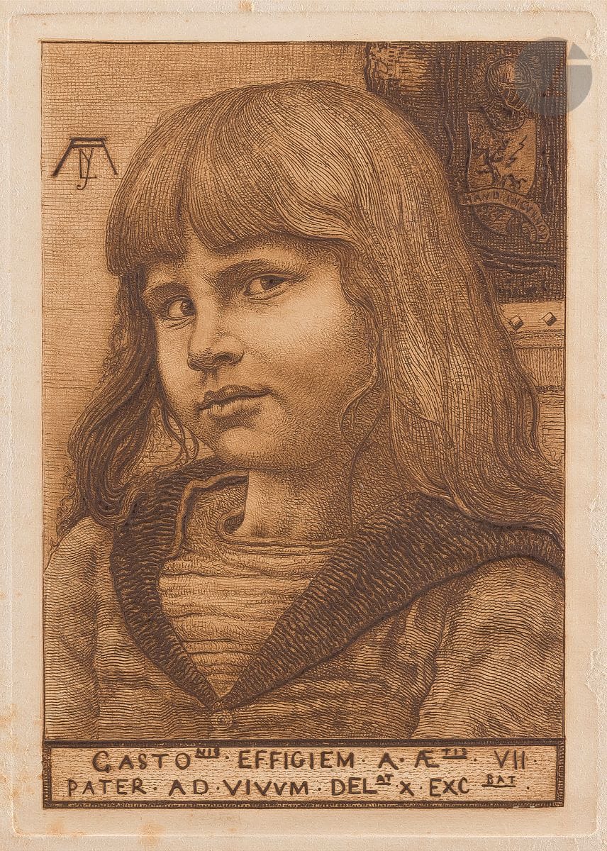 Arthur Henri Lefort des Ylouses (1846-1912) 
Gaston Lefort des Ylouses, fils de l’artiste, âgé de 7 ans. 1892. Eau-forte. 145 x 204. Réunion de 2 très belles épreuves tirées en brun sur vélin ivoire. Rousseurs claires éparses. Petites épidermures en surface (sur le coup de planche pour l’une, sur le visage pour l’autre). Timbre de l’artiste au verso à la 1re. Traces de colle avec petits arrachements dans les angles du feuillet à la 2e. Toutes marges. Timbre R. T. 

Gaston Lefort des Ylouses naquit le 23 avril 1885 à Neuilly et mourut le 16 décembre 1971 à Dinan, à l’âge de 86 ans. Il fut ingénieur de l’École Centrale de Paris.
La première de ces épreuves a figuré dans l’exposition Cent ans d’estampes en Bretagne, Le Faouët, 1998 (reproduite au catalogue sous le n° 130).