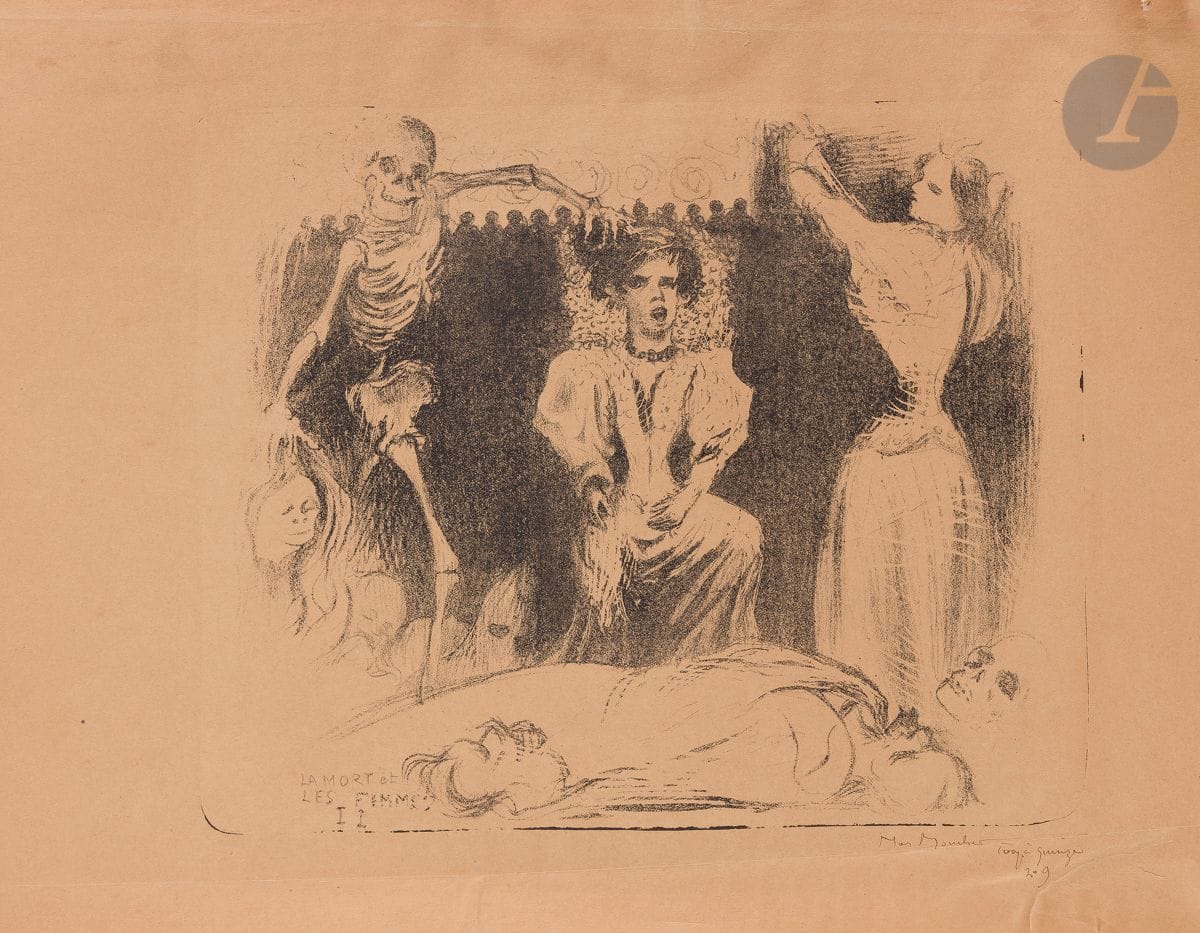 Marc Mouclier (1866-1948) 
Death and Women II: The Queen. Circa 1895. Lithograph. 295 x 240. Very fine proof on thin buff vellum, signed in pen and sepia ink and annotated "tirage à quinze / n° 9". Very marked stone indentation. Light moisture aureole in upper margin. Long oblique crease in lower margin below subject. Several tears at the edges of the folio, restored or consolidated on verso, caused by the fragility of the paper. Full margins. Stamp R. T.