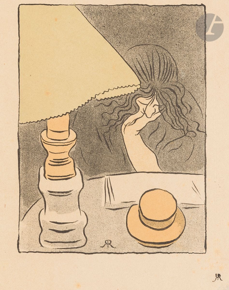 József Rippl-Rónai (hongrois, 1861-1927) 
Femme lisant. 1894. Lithographie. 150 x 195 [248 x 317]. Impression en couleurs. Très belle épreuve sur vélin mince chamois, du tirage de tête à grandes marges pour la Revue blanche, signée du monogramme à la plume et à l’encre, finement doublée sur japon pelure. Quelques rares rousseurs claires. Petite fracture oblique, à peine perceptible, consolidée au bord inférieur gauche du feuillet. Autre petite fracture en marge supérieure. Infime trou dans le sujet en haut. Toutes marges. Au verso, timbre de la vente Boutaric / Sérusier (Ader-Picard-Tajan) des 19 et 20 juin 1984, transparaissant légèrement au recto. Timbre R. T.