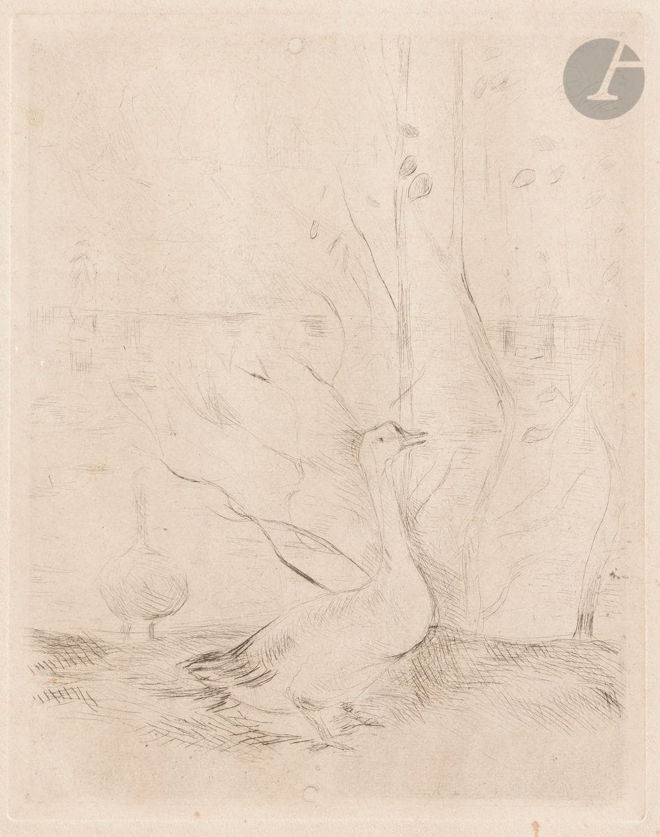 Berthe Morisot (1841-1895) 
Oies au bord de l’étang. 1889. Pointe sèche. 116 x 150. Belle épreuve sur vélin ivoire, du tirage posthume effectué sur le cuivre percé. Infimes rousseurs. Petite giclure brune sur le coup de planche inférieur. Forte oxydation au verso. Timbre R. T.