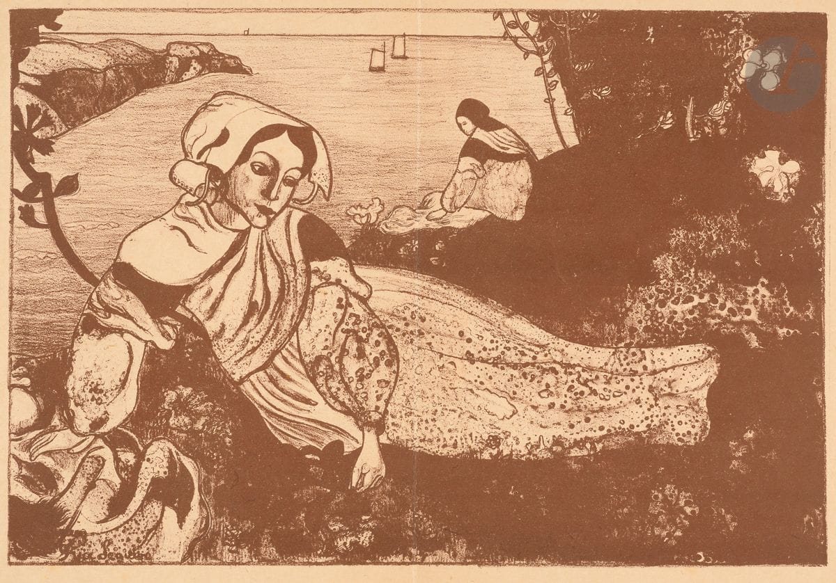 Armand Seguin (1869-1903) 
La Primavera (femme couchée). 1894-1895. Zincographie. 315 x 225. Field, Strauss et Wagstaff 84. Impression en brun. Très belle épreuve sur vélin glacé ivoire, avec pli vertical médian normal. Le bord gauche remplié. Toutes marges. Timbre R. T.

Planche parue dans L’Ymagier, n° 2, janvier 1895.