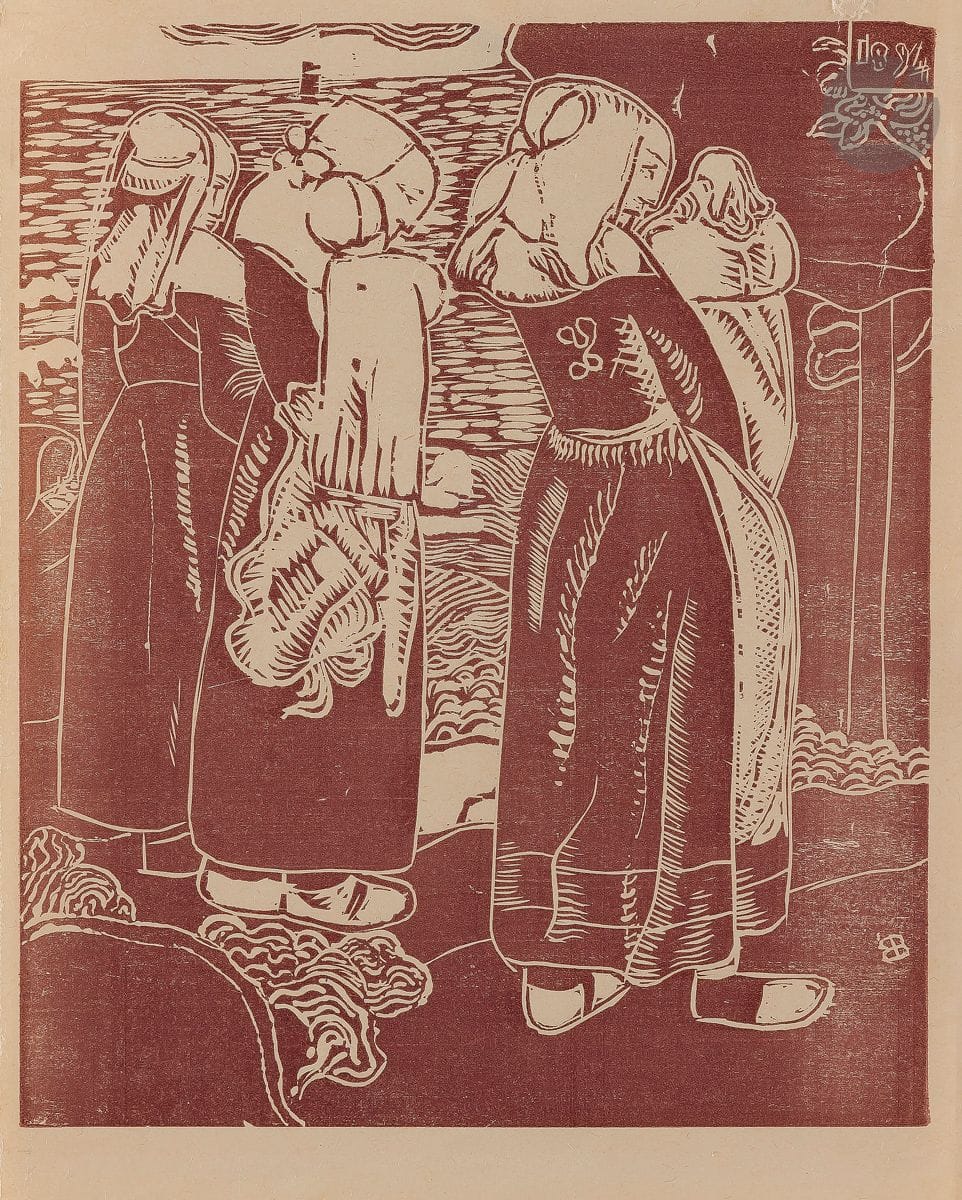 Armand Seguin (1869-1903) 
Bretonnes. 1894. Bois gravé. 185 x 225. Field, Strauss et Wagstaff 70. Très belle épreuve tirée en rouge lie-de-vin sur vélin mince ivoire. Petite épidermure en marge supérieure droite. Toutes marges. Timbre R. T.

Planche parue dans L’Ymagier, n° 2, janvier 1895.