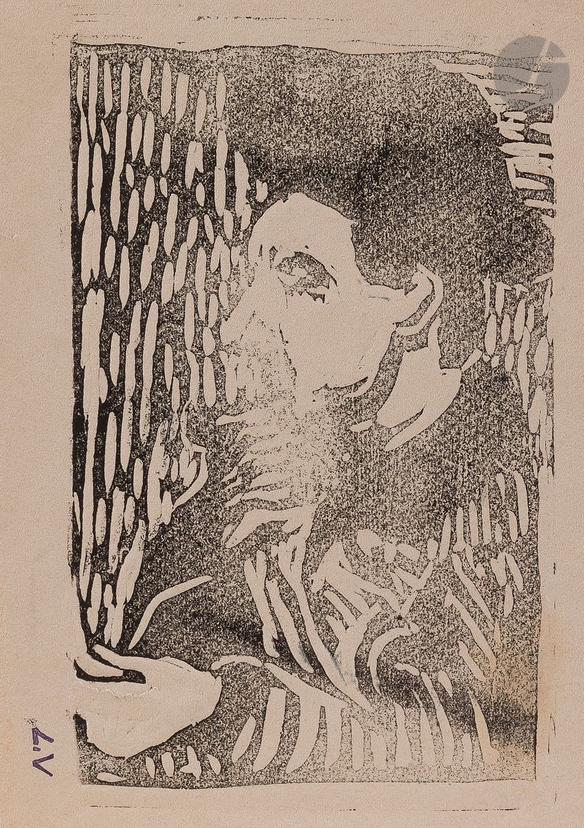 Louis Valtat (1869-1952) 
Bearded man in profile. Woodcut. 100 x 172. Fine proof on ivory vellum. Short tear at left edge. Broken fold in upper right corner. Full margins. Workshop stamp (Lugt 1771 bis, affixed laterally along the left edge of the subject). Stamp R. T.