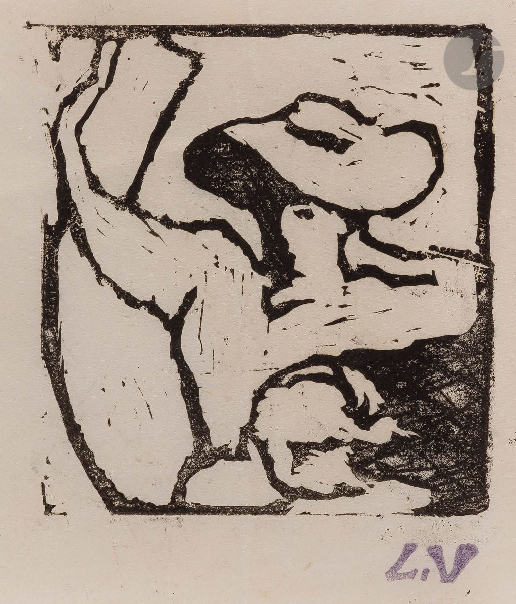 Louis Valtat (1869-1952) 
Woman in hat, right arm raised. Woodcut. 60 x 65. Fine proof on thin vellum. Full margins. Workshop stamp (Lugt 1771 bis). Stamp R. T.