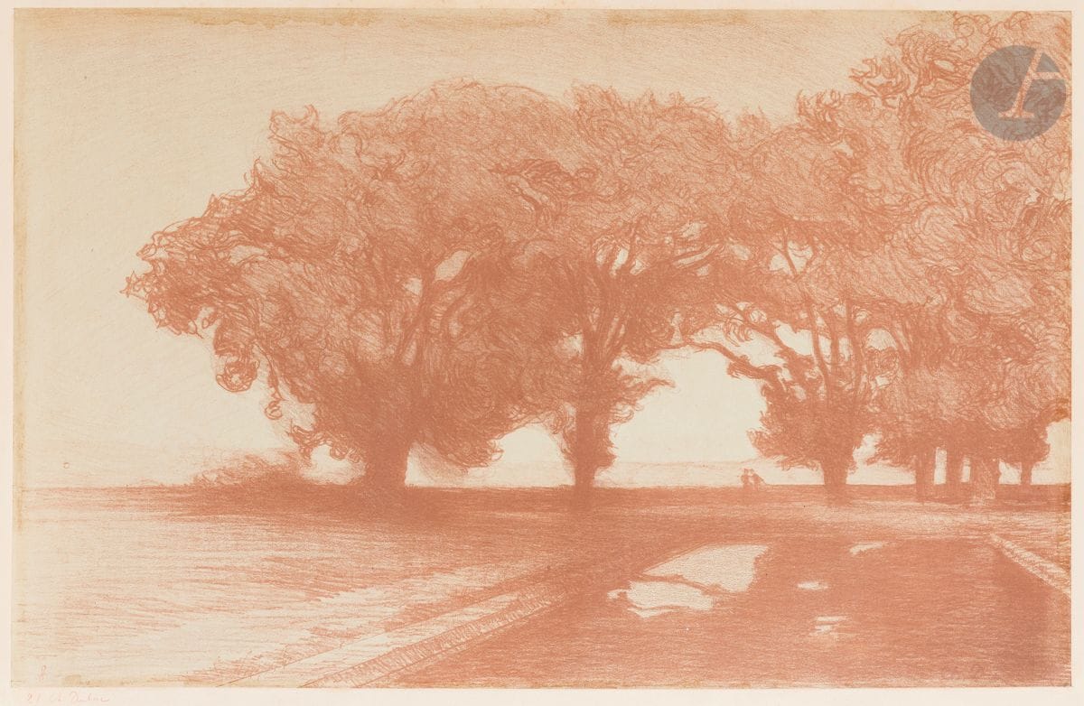 Charles Marie Dulac (1865-1898) 
Pl. 8 de la suite Paysages. 1893. Lithographie. 500 x 320. I.F.F. 1. Impression en couleurs (variante en sanguine). Belle épreuve sur bulle verdâtre appliqué, avec remarque en bistre (pensées), numérotée et signée au crayon brun. Infimes rousseurs. Une courte déchirure en tête du feuillet. Toutes marges. Timbre R. T.