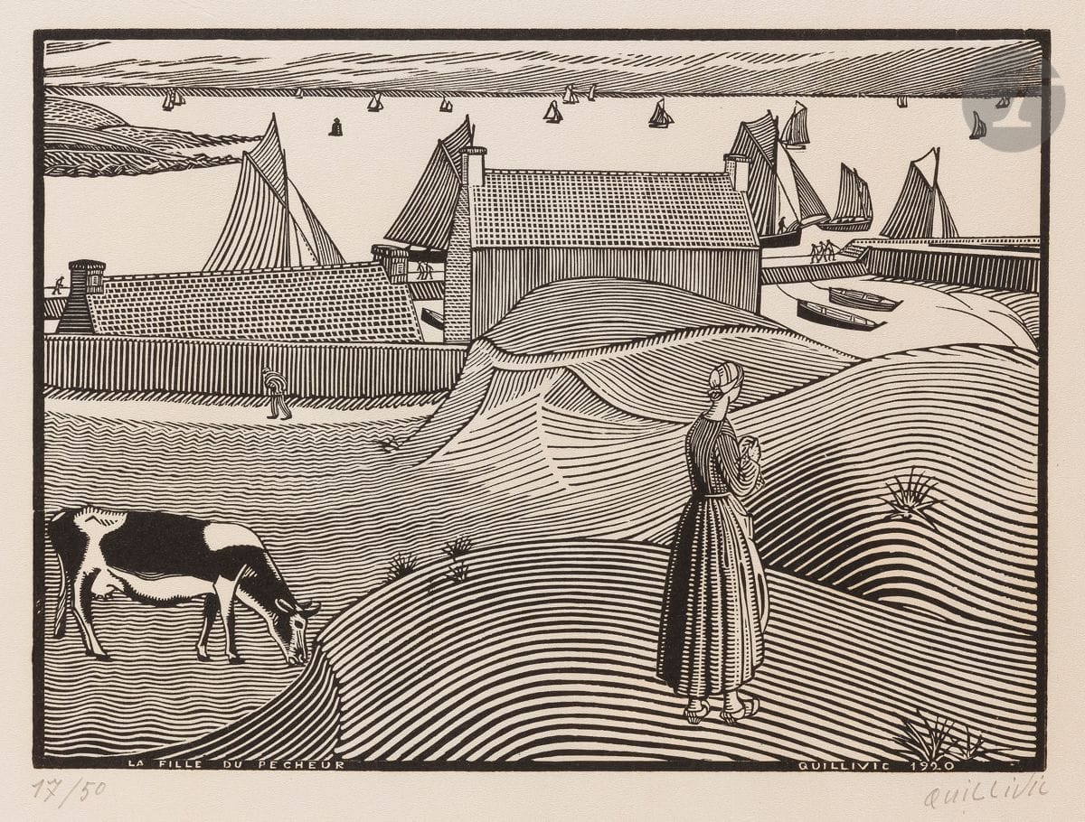 René Quillivic (1879-1969) 
La Fille du pêcheur. (Pl. pour Petite histoire bretonne racontée par Quillivic en douze gravures sur bois de fil). 1920. Bois gravé. 310 x 230. Très belle et fraîche épreuve sur japon vergé, numérotée et signée au crayon. Un court fin pli oblique de tirage sur le coup de planche supérieur. Toutes marges. Tirage à 50 épreuves. Timbre R. T.

Cette épreuve a figuré dans l’exposition Before and after Gauguin, Atlanta, 2008.