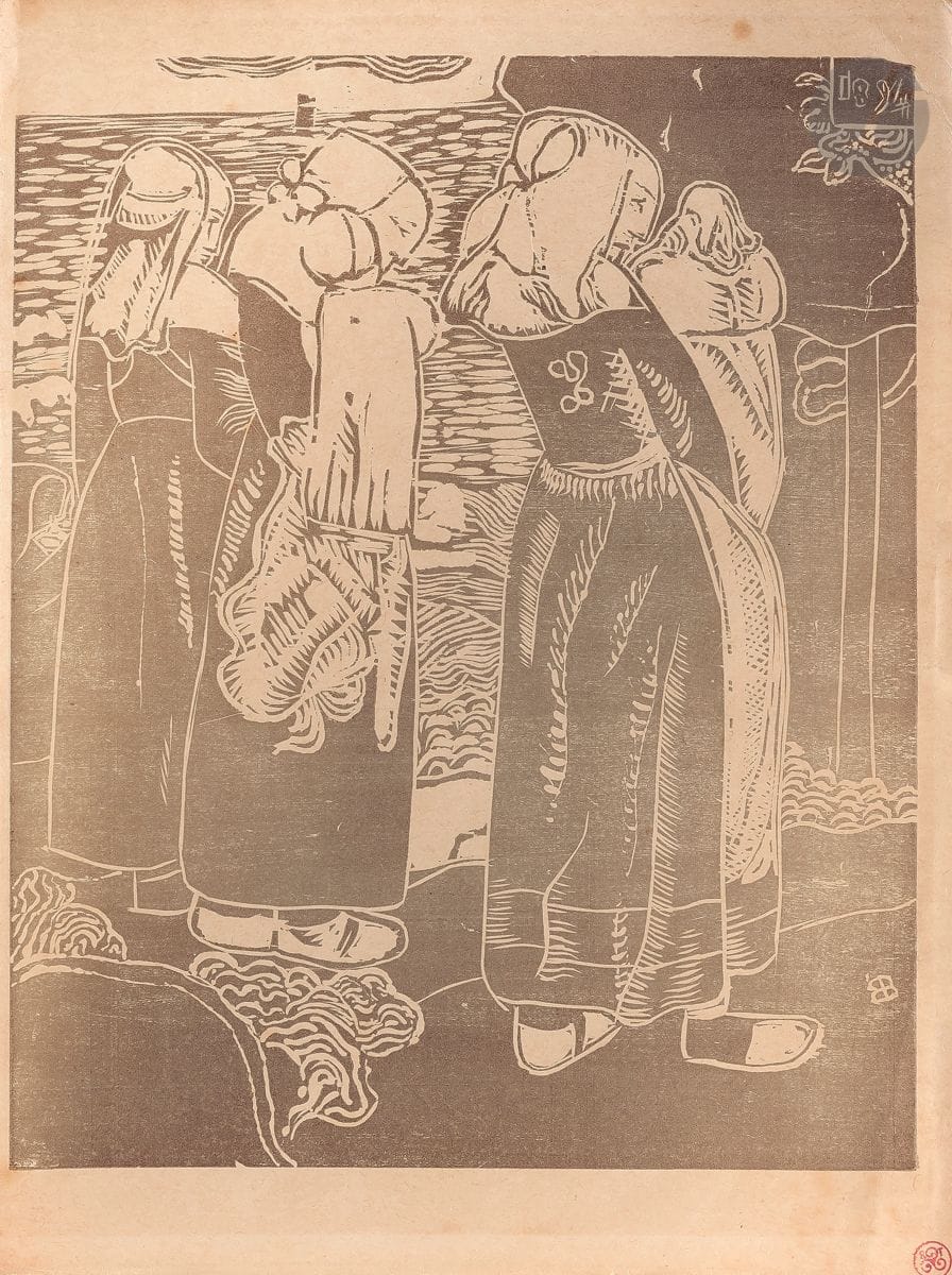 Armand Seguin (1869-1903) 
Bretonnes. 1894. Bois gravé. 185 x 225. Field, Strauss et Wagstaff 70. Très belle épreuve tirée en brun clair sur vélin mince ivoire. Une rousseur en tête. Toutes marges. Timbre R. T.

Planche parue dans L’Ymagier, n° 2, janvier 1895.
Cette épreuve a figuré dans l’exposition Cent ans d’estampes en Bretagne, Le Faouët, 1998 (reproduite au catalogue sous le n° 177).