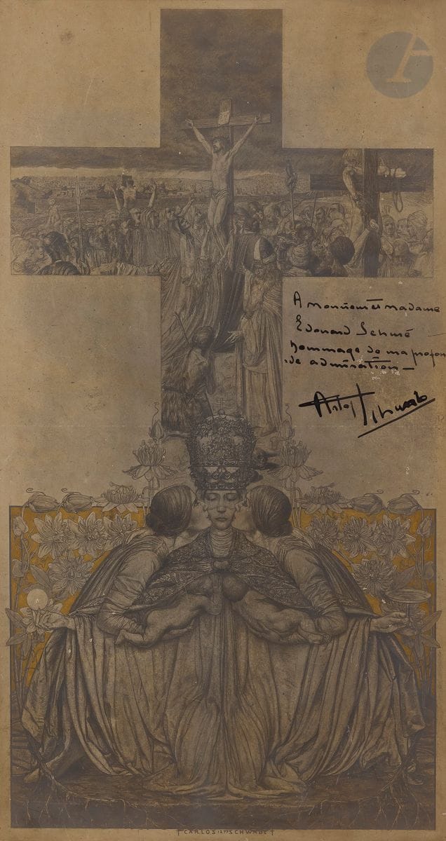 Carlos Schwabe (Émile Martin Charles Schwabe, dit) (1866-1926) 
Composition symboliste Rose Croix. 1899. Procédé photomécanique. [247 x 450]. Impression avec fond doré. Bonne épreuve sur vélin mince collée sur vélin beige fort, dédicacée à l’encre noire dans le sujet : « A Monsieur et Madame / Edouard Sehmé / Hommage de ma profon / de admiration » et signée. Oxydation générale. Cadre.