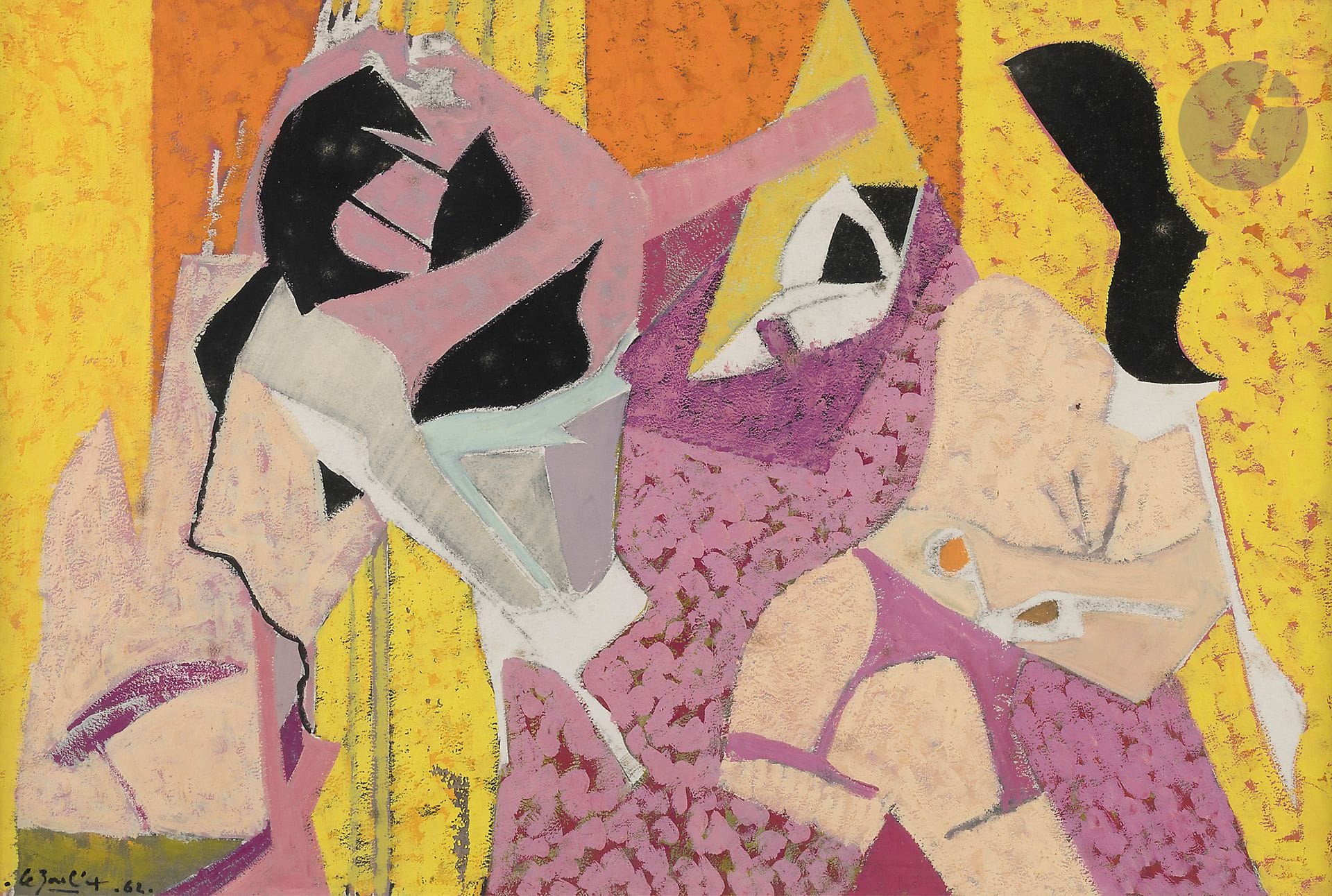 Jean-Pierre LE BOUL'CH 
(1940-2001)
Two Women, Mechanical Women series, 1962
Gouache.
Signed and dated lower left.
30.5 x 47 cm